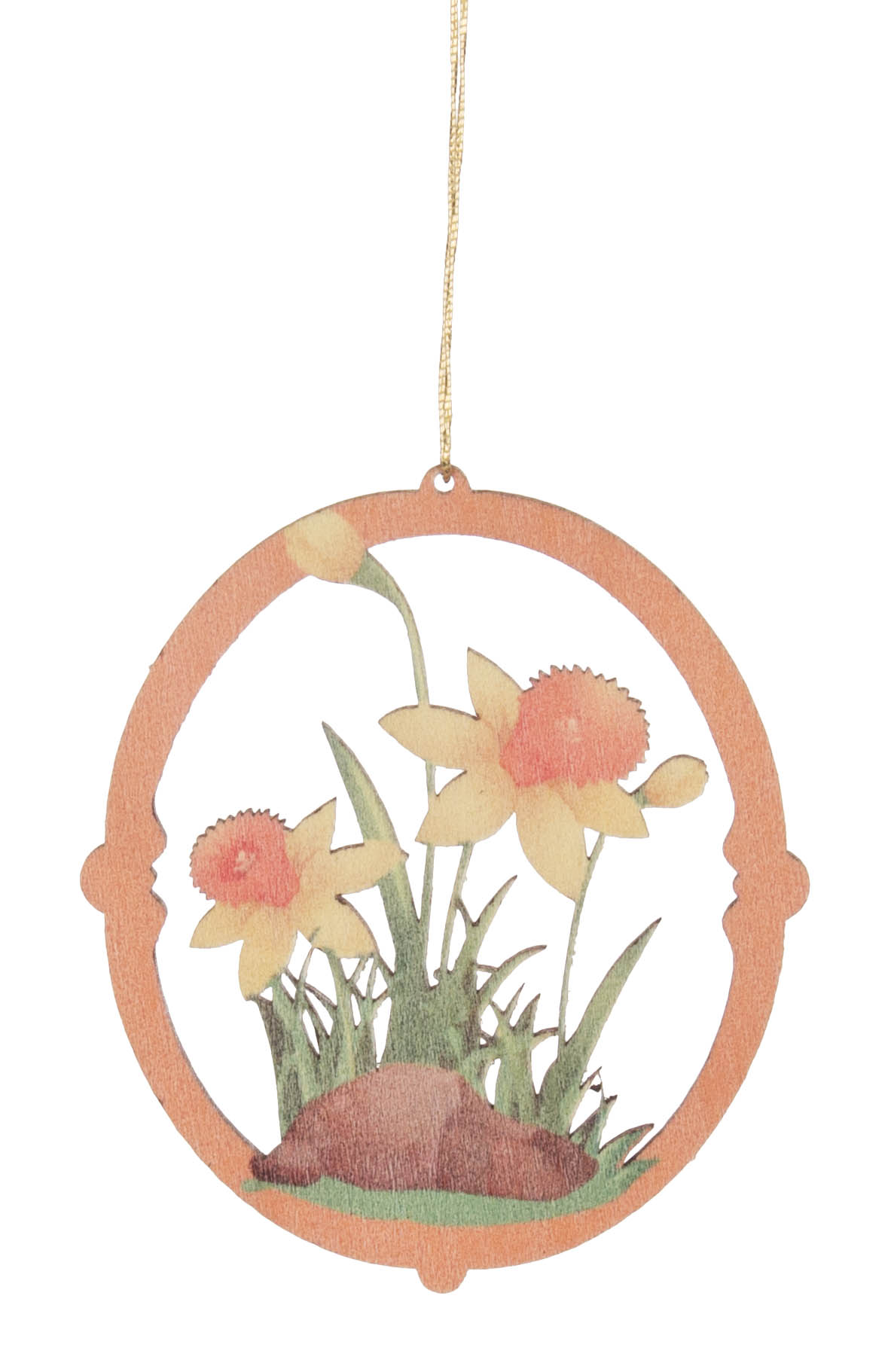 Eine Holzdeko-Hängescheibe mit zwei gelben Narzissen und einem Maulwurfhügel im Vordergrund. im Dregeno Online Shop günstig kaufen