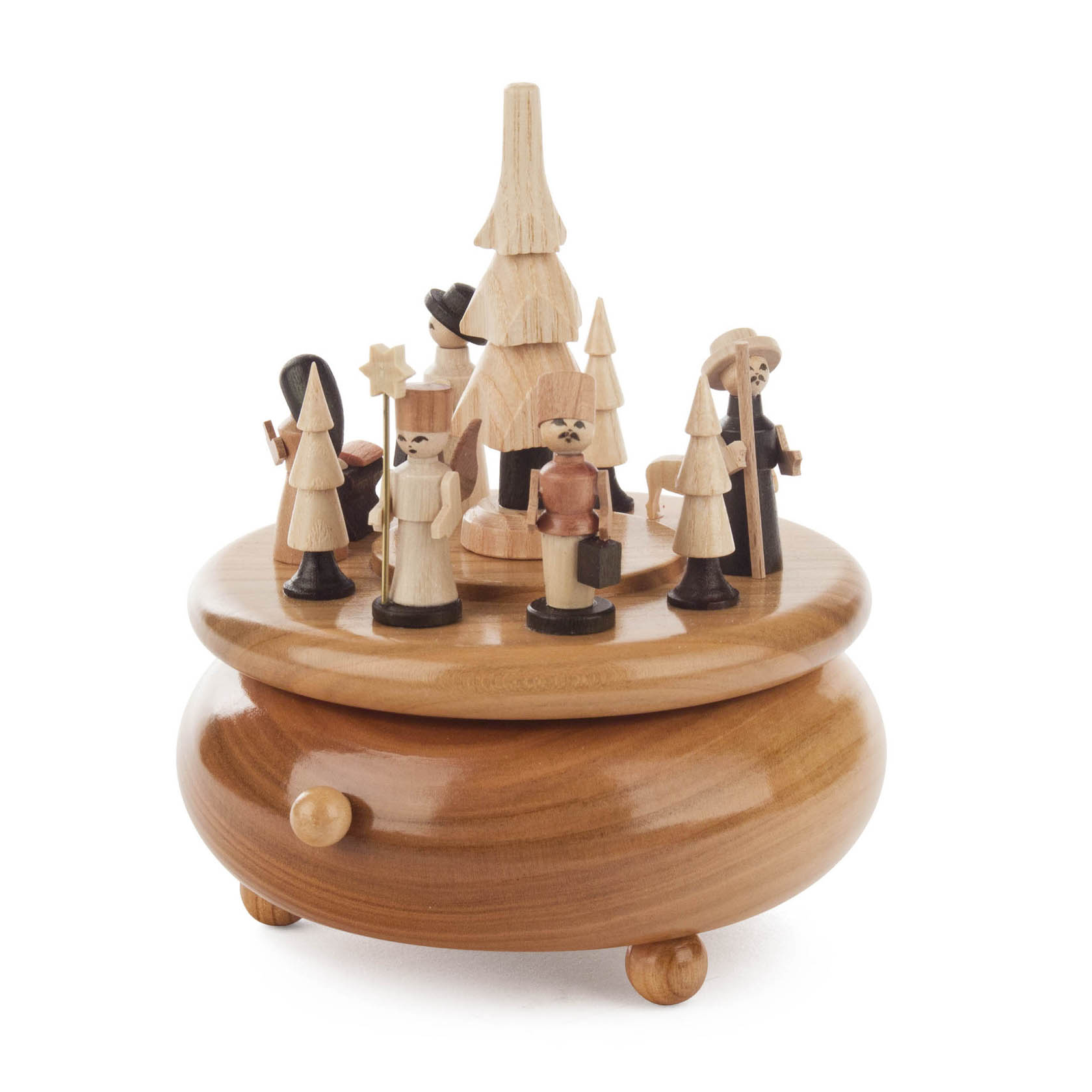 Kleine, natürliche Spieldose mit Krippenfiguren, darunter Engel, Hirten und Bäume. Oben ein größerer Baum, Melodie: 'O Du Fröhliche'.