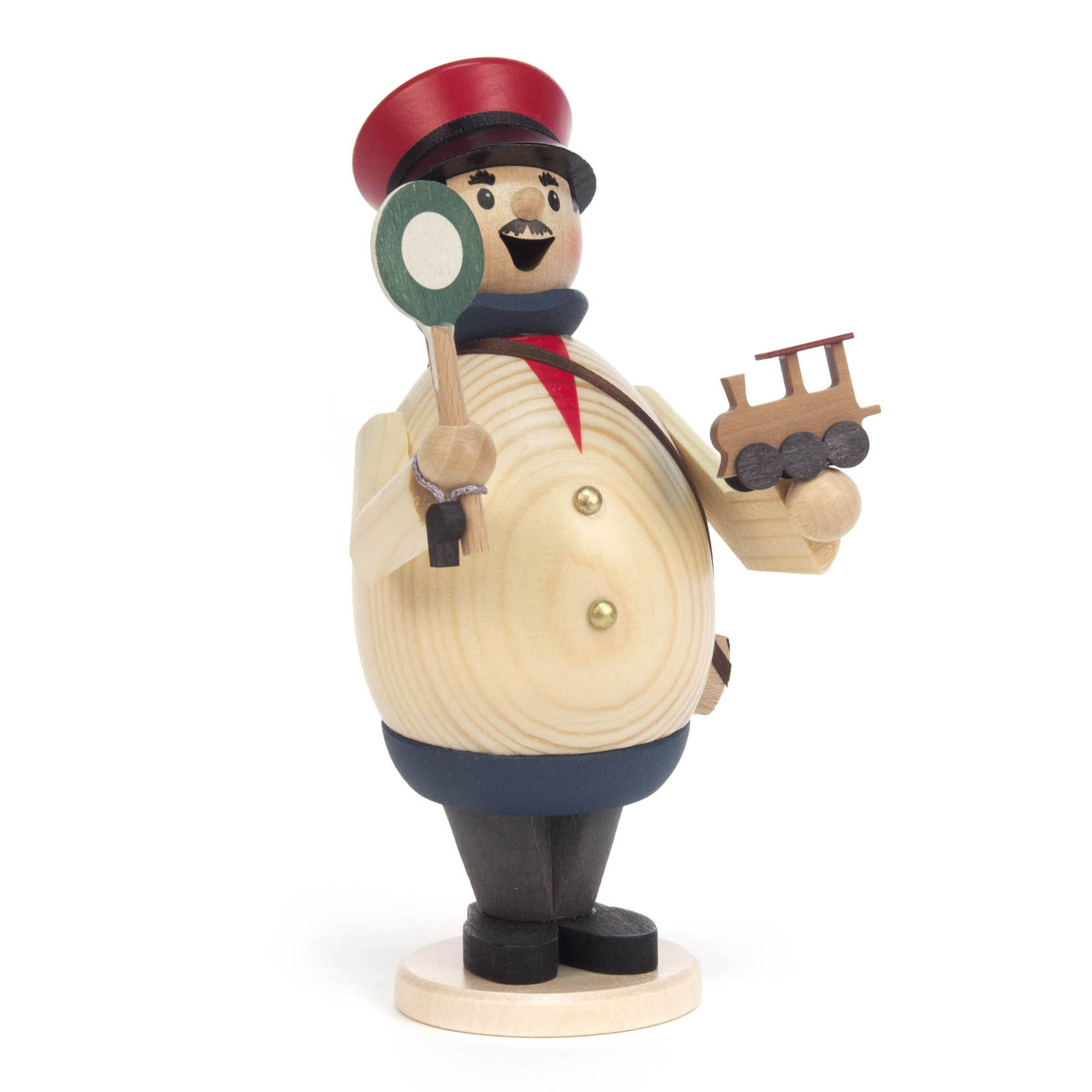 A wooden incense smoker figure of a train conductor with a red hat, holding a train model and a green sign.