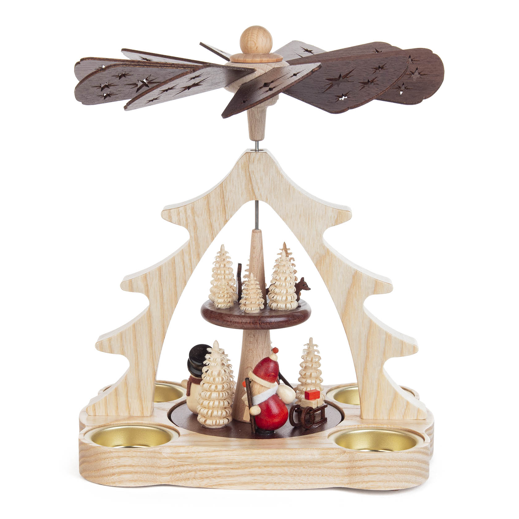 Wooden Christmas pyramid featuring a Santa Claus and snowman figurine, surrounded by small Christmas trees, with a propeller on top.