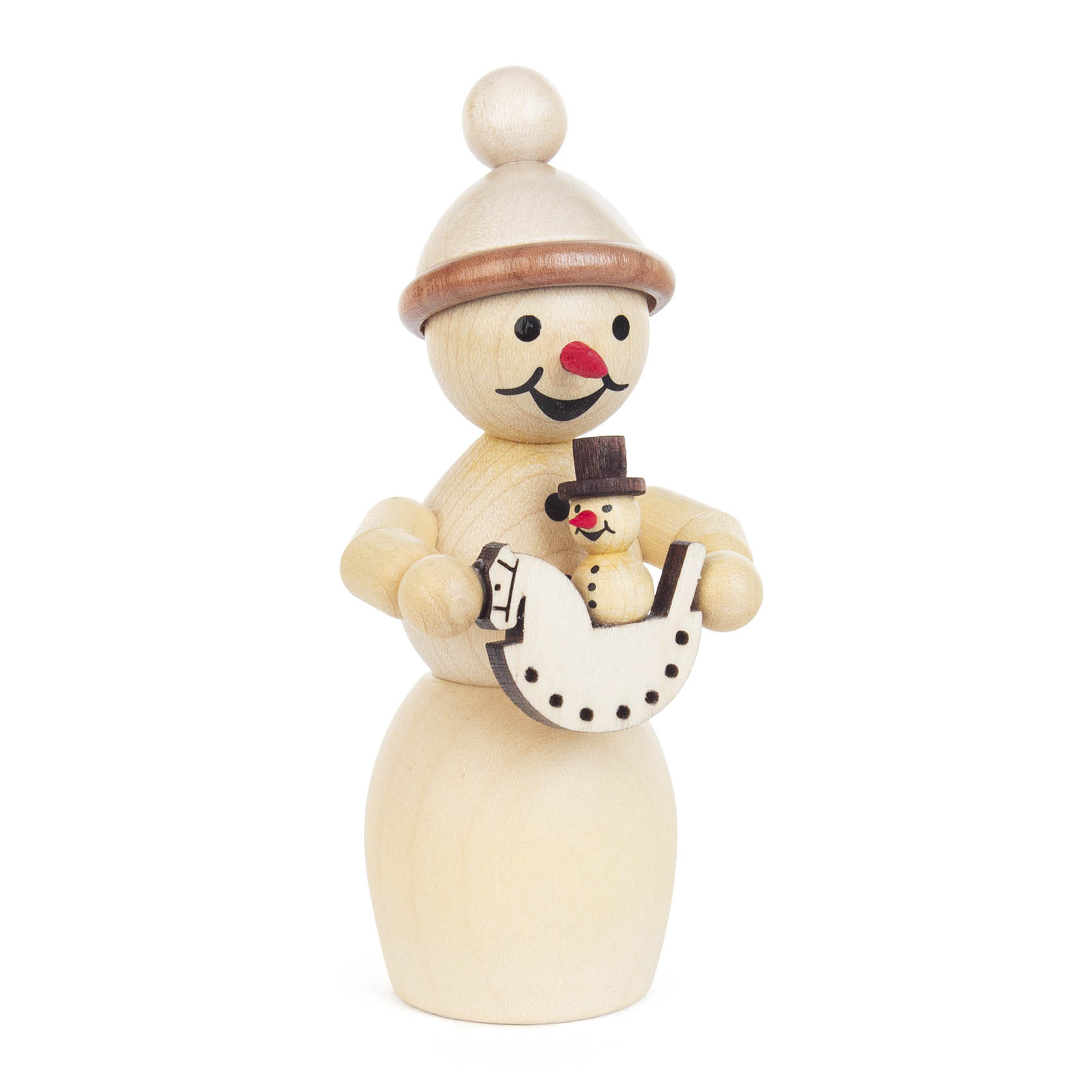 Holzfigur einer Schneefrau mit Mütze, die ein schaukelndes Spielzeugpferd mit einem kleinen Schneemann hält. im Dregeno Online Shop günstig kaufen