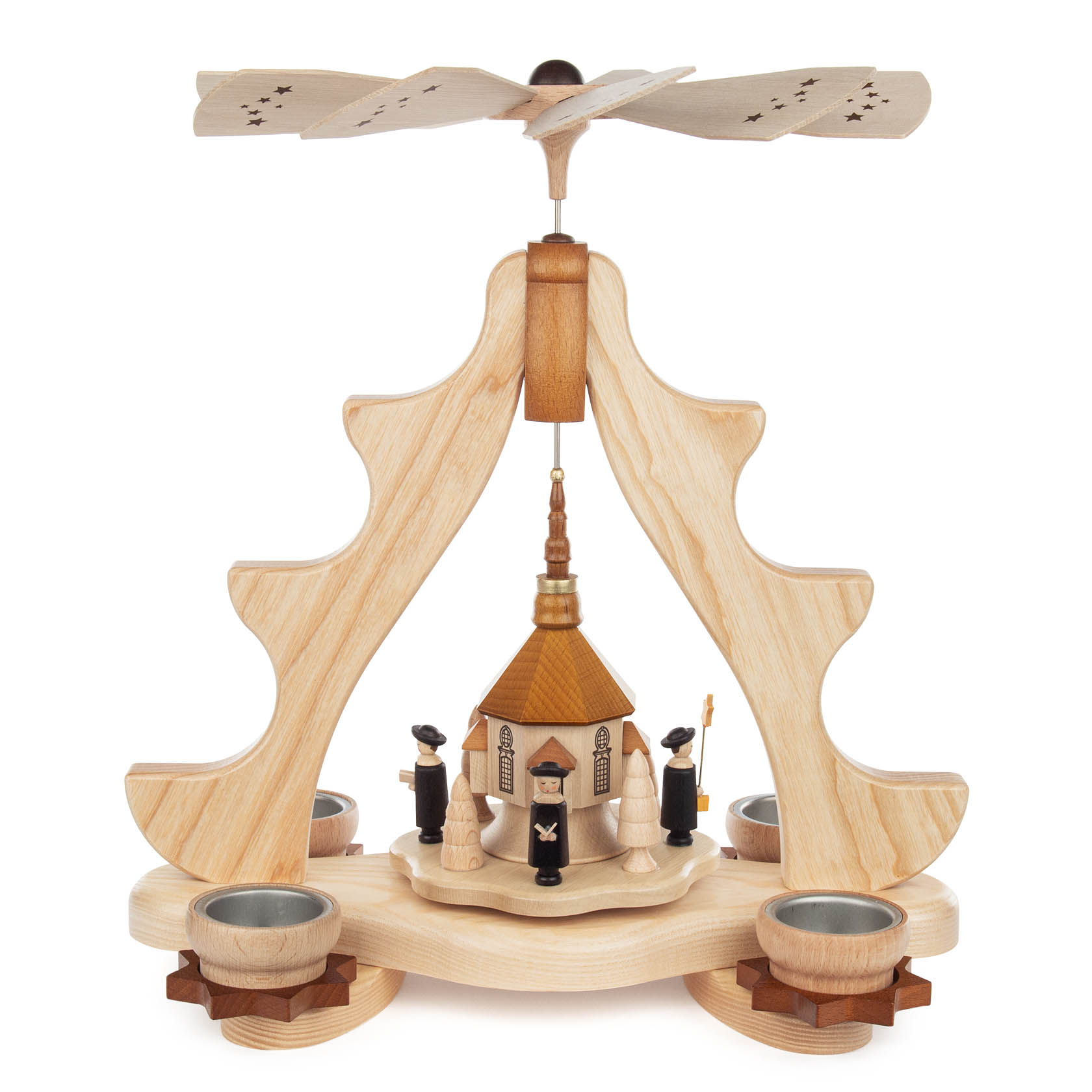 Holzpyramide mit einer Miniatur der Seiffener Kirche und kleinen Kurrendesängern, ausgelegt für Teelichter. im Dregeno Online Shop günstig kaufen