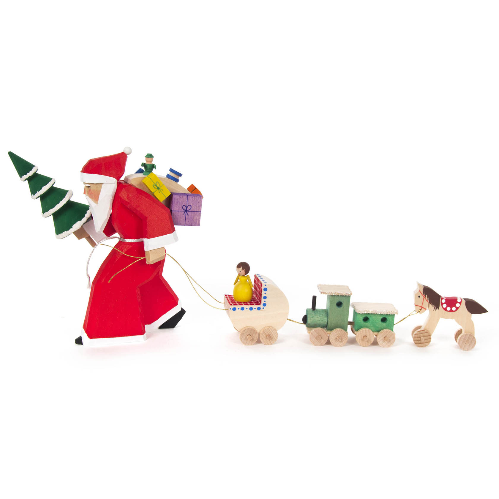 Eine geschnitzte Figur des Weihnachtsmanns, der einen mit Spielzeug beladenen Schlitten und einen Spielzeugzug zieht.
