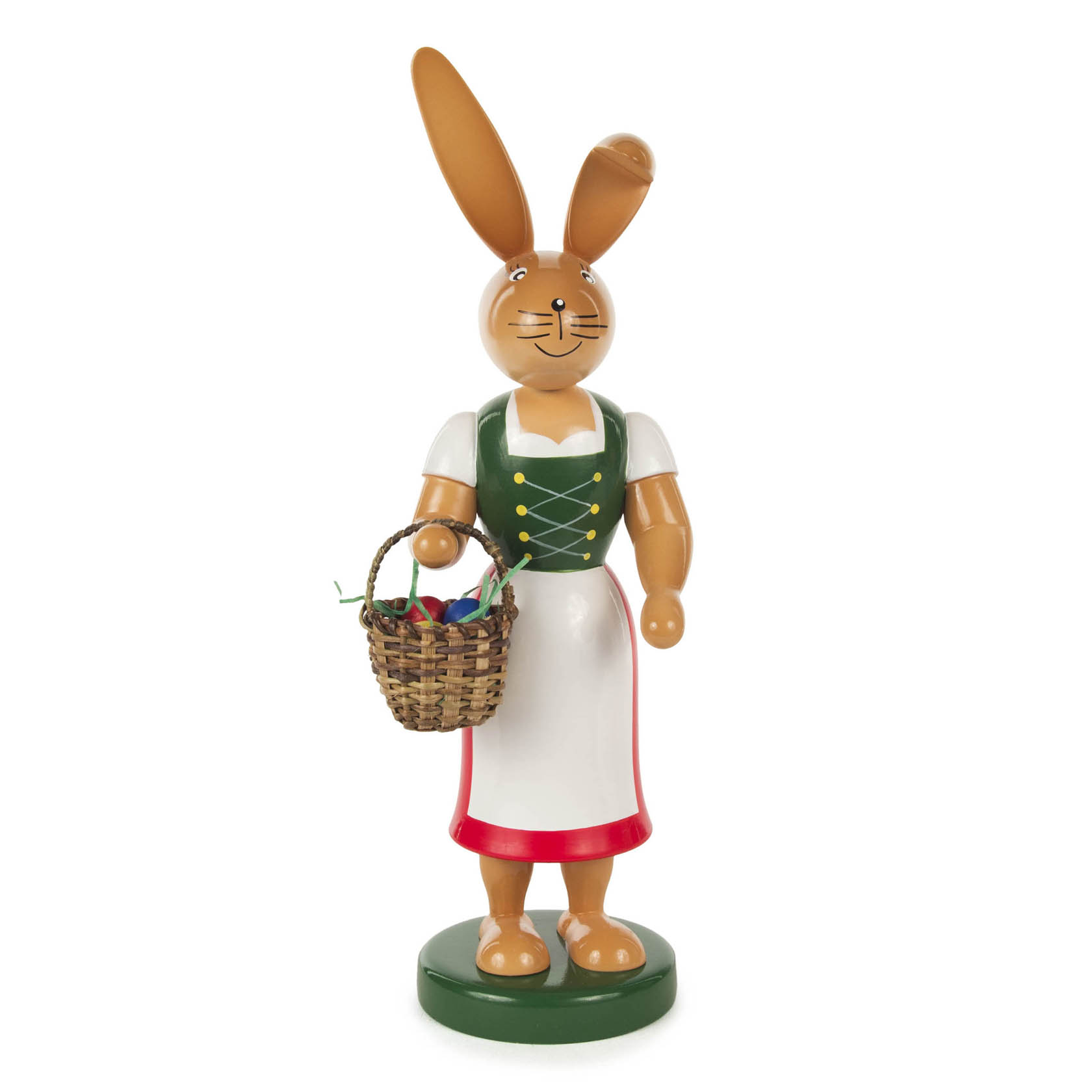 Holzfigur einer Häsin mit langem Rock, grüner Schürze und geflochtenem Korb in der Hand, 25 cm groß. im Dregeno Online Shop günstig kaufen
