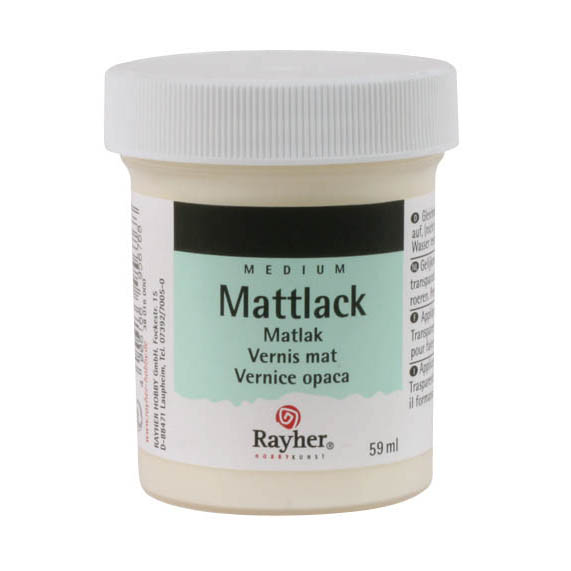 Ein 59ml Behälter mit Klarlack in seidenmatter Ausführung der Marke Rayher, etikettiert in mehreren Sprachen. im Dregeno Online Shop günstig kaufen
