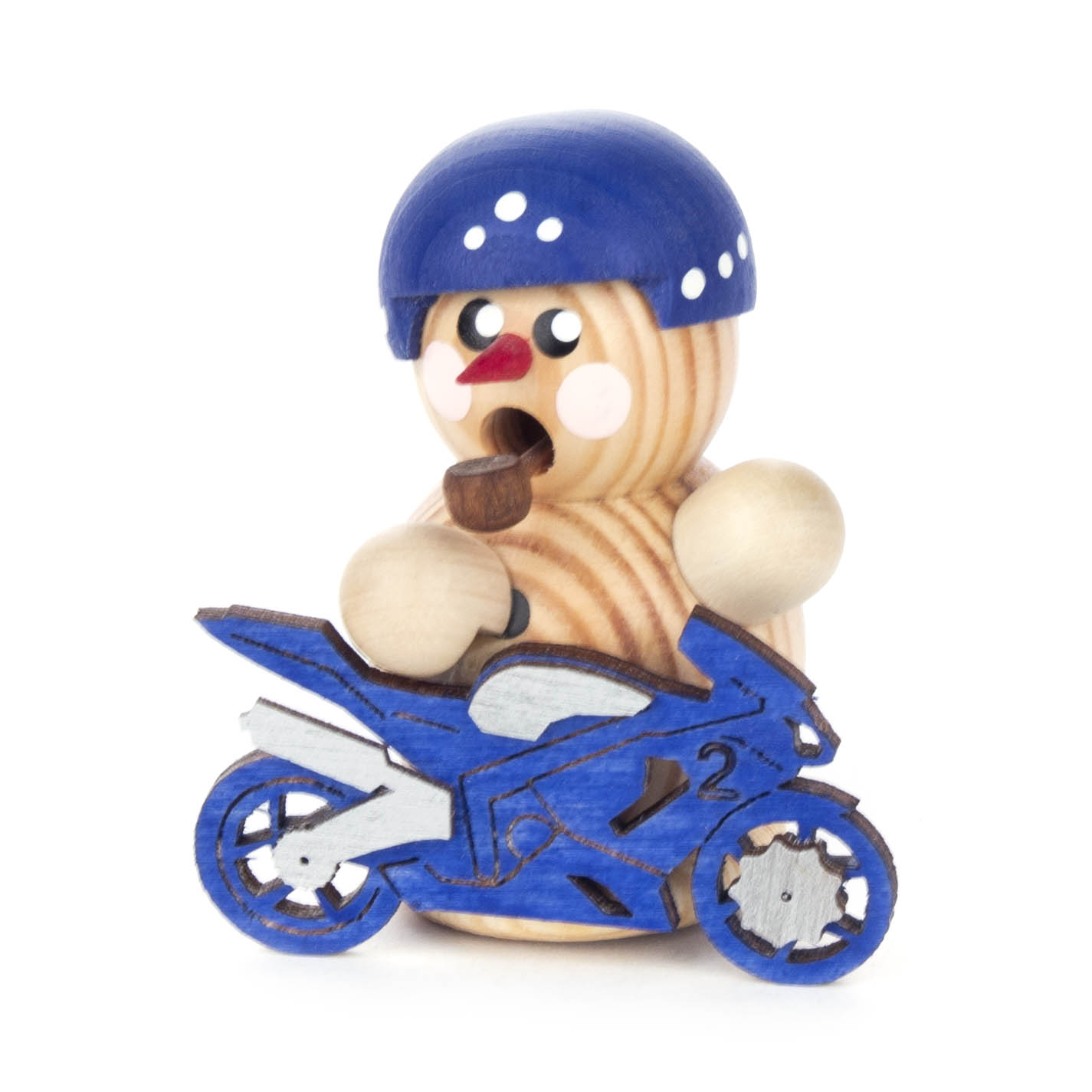 Ein Mini-Räuchermann in Form eines Bikers mit blauem Helm, der ein kleines blaues Motorrad aus Holz in den Händen hält. im Dregeno Online Shop günstig kaufen