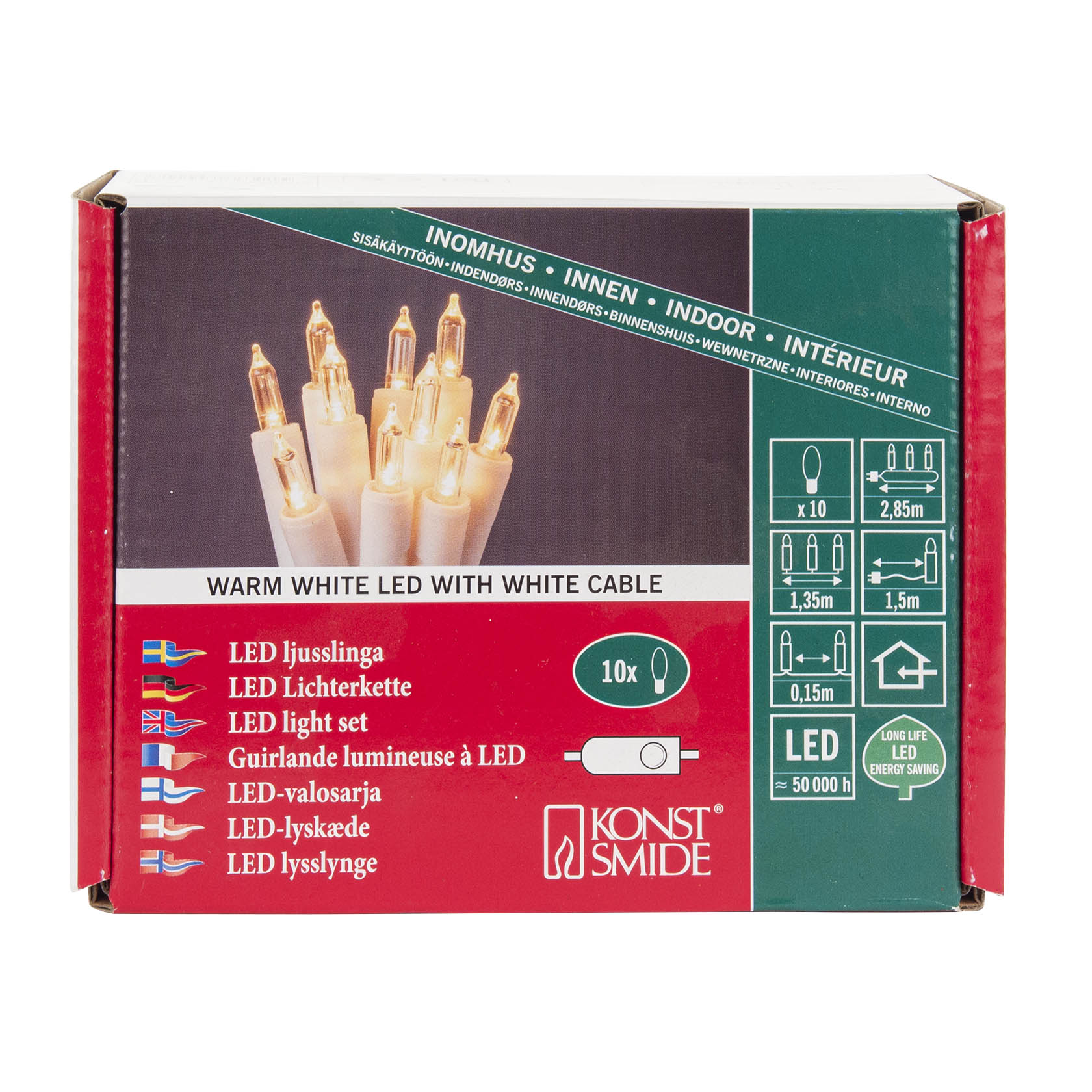 Verpackung einer warmweißen LED-Lichterkette mit 10 LEDs, weißem Kabel und Schalter. Geeignet für Innenräume, 2,85 m lang. im Dregeno Online Shop günstig kaufen