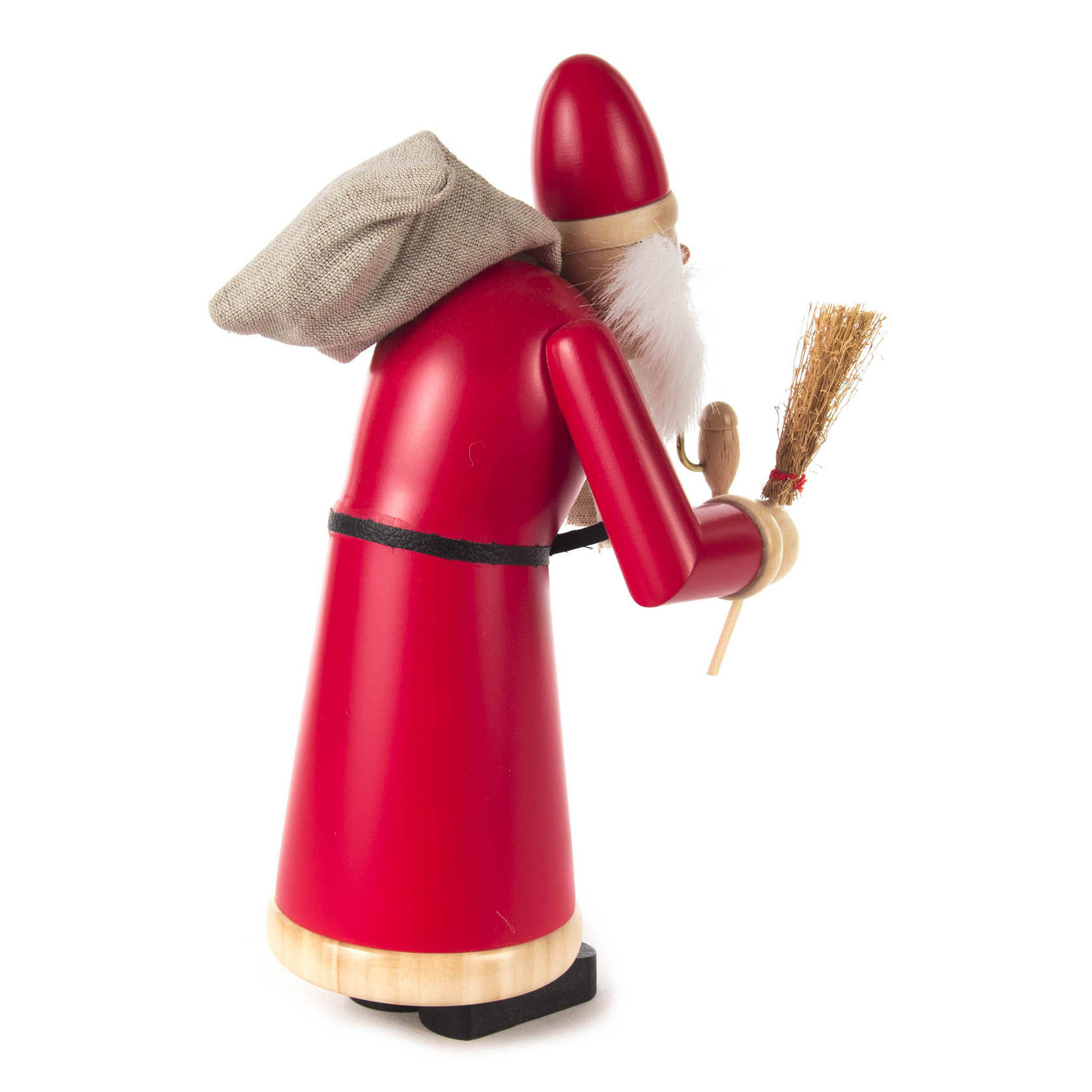 Holz Räuchermann in Form von Ruprecht in rotem Gewand mit weißem Bart, in der rechten Hand einen Besen und einen Sack auf dem Rücken tragend.