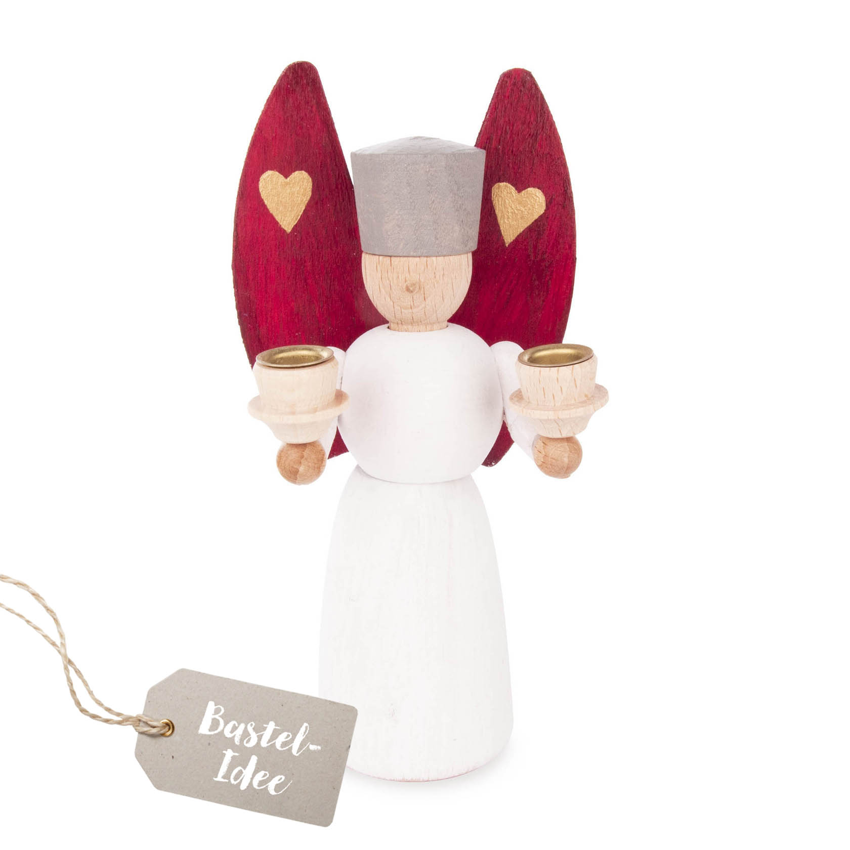 Holzfigur eines Engels mit roten Flügeln und goldenen Herzmotiven, hält zwei Kerzenhalter in den Händen. im Dregeno Online Shop günstig kaufen