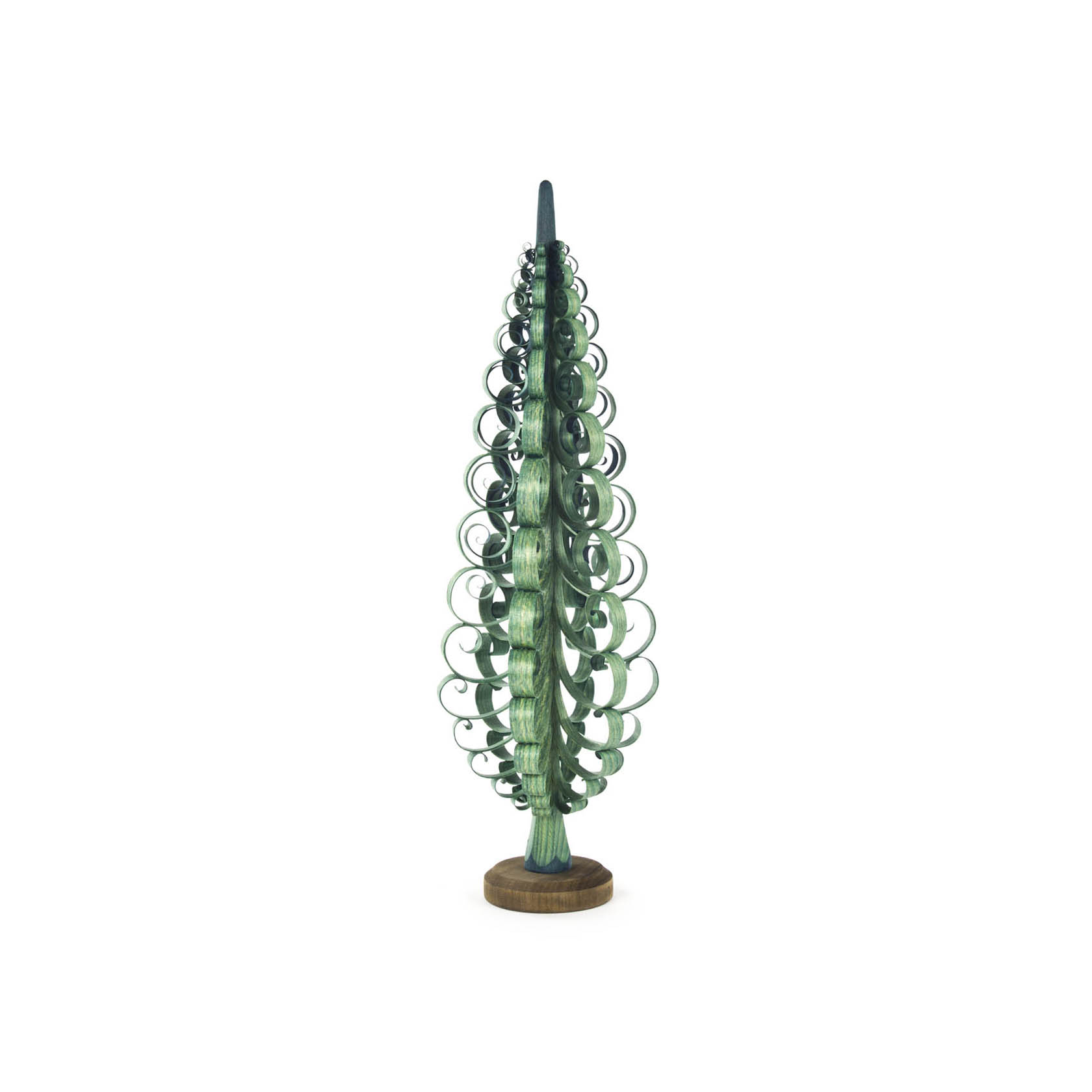 Grüner, spiralförmiger Spanbaum auf einem Holzsockel mit einer Höhe von 35 cm. im Dregeno Online Shop günstig kaufen