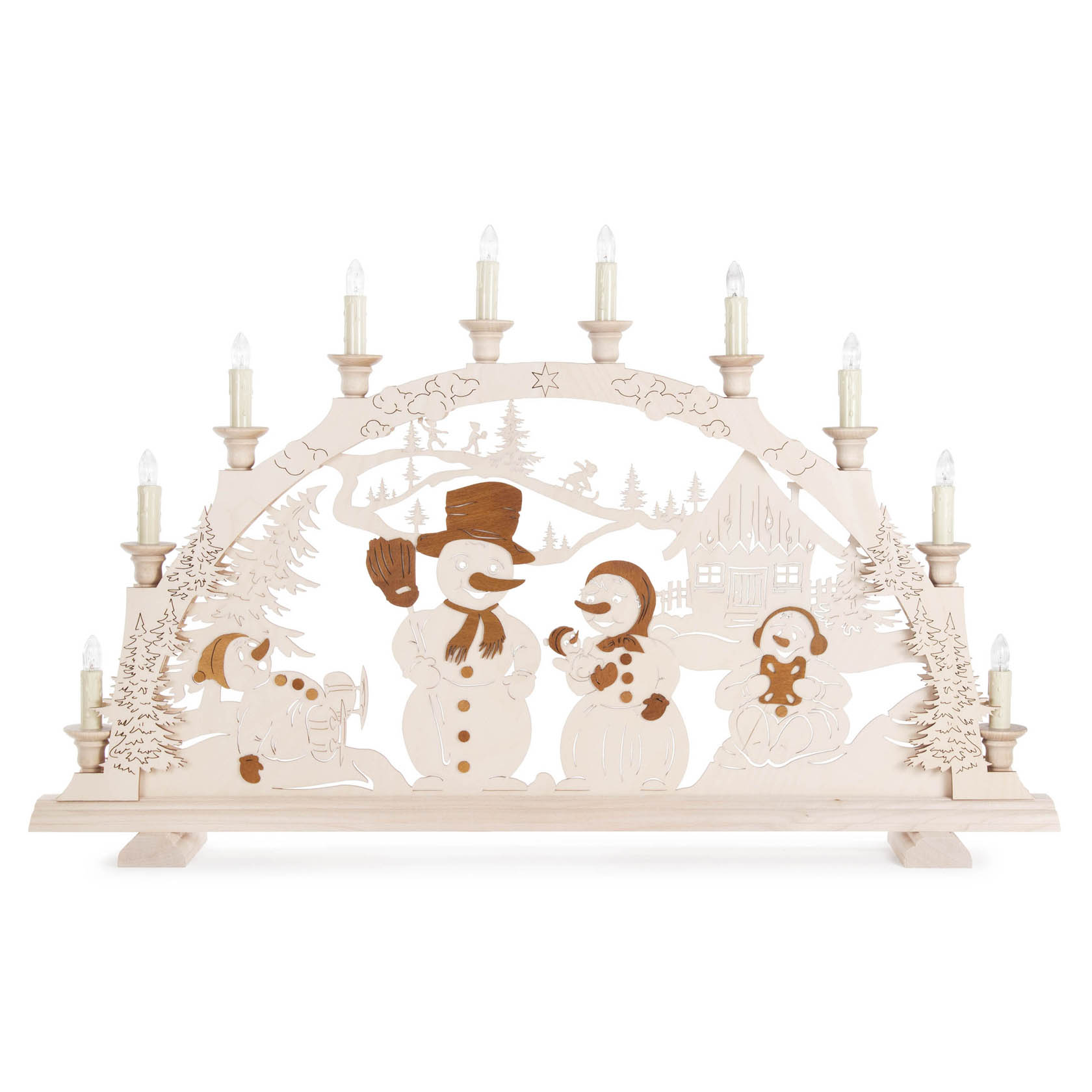 Ein Schwibbogen mit geschnitzten Schneemännern, elektrisch beleuchtet mit elf Kerzen. Zwei Schneemänner in der Mitte neben einem Schneehund und einem singenden Kind. im Dregeno Online Shop günstig kaufen