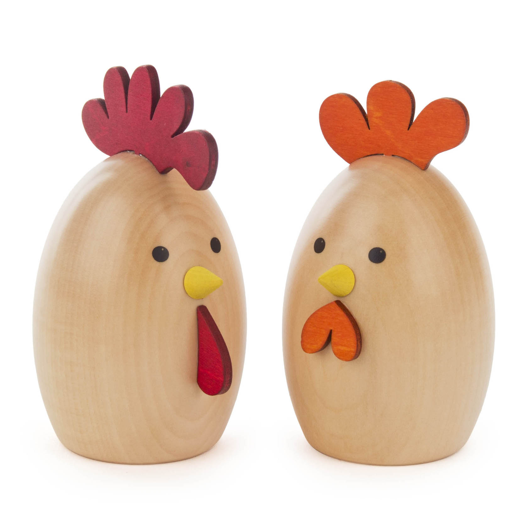 Wooden rooster and hen figures with natural wood finish and bright red and orange comb and wattles. im Dregeno Online Shop günstig kaufen