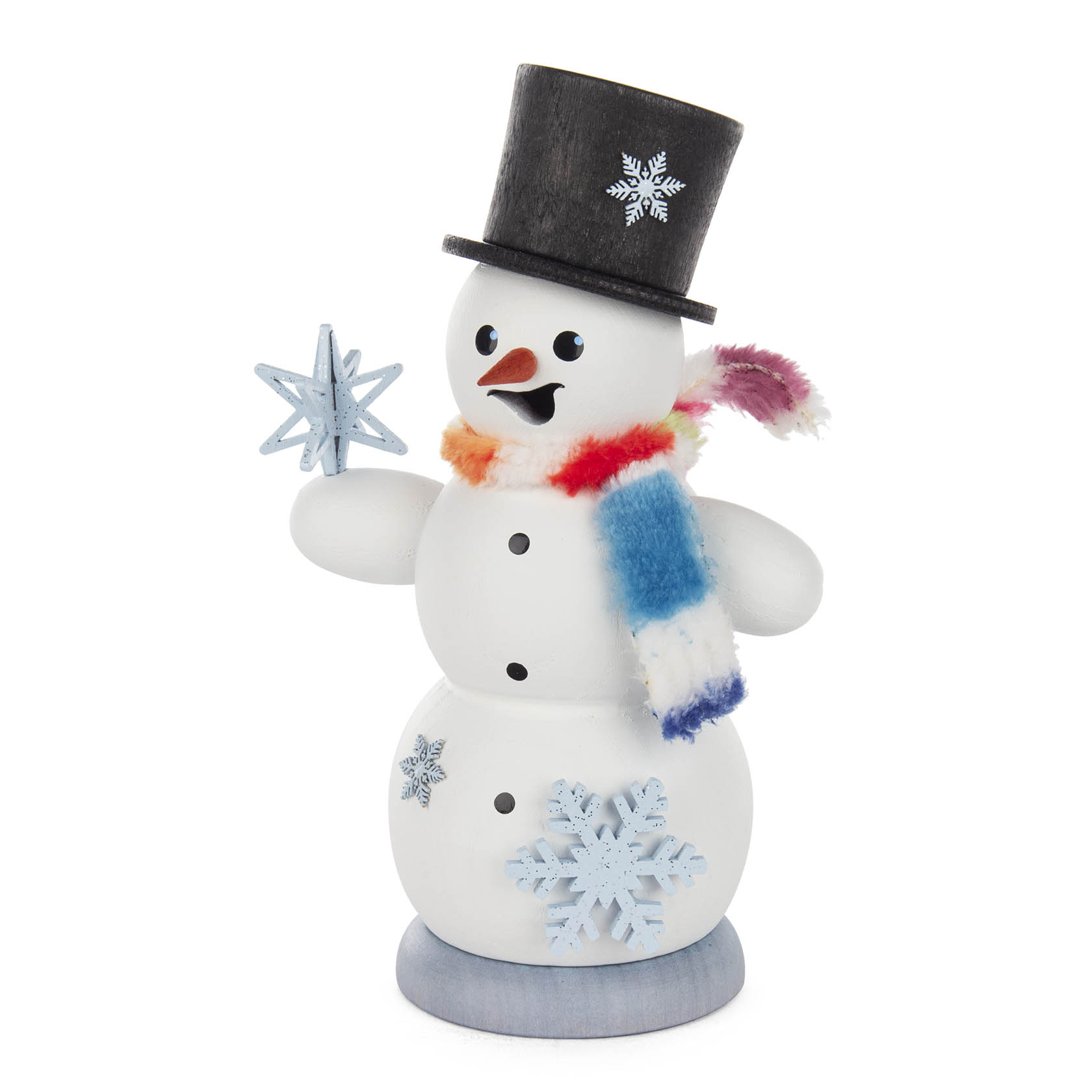 Ein Räuchermann in Form eines Schneemanns mit schwarzem Zylinder, buntem Schal und Schneesternen als Dekoration. im Dregeno Online Shop günstig kaufen