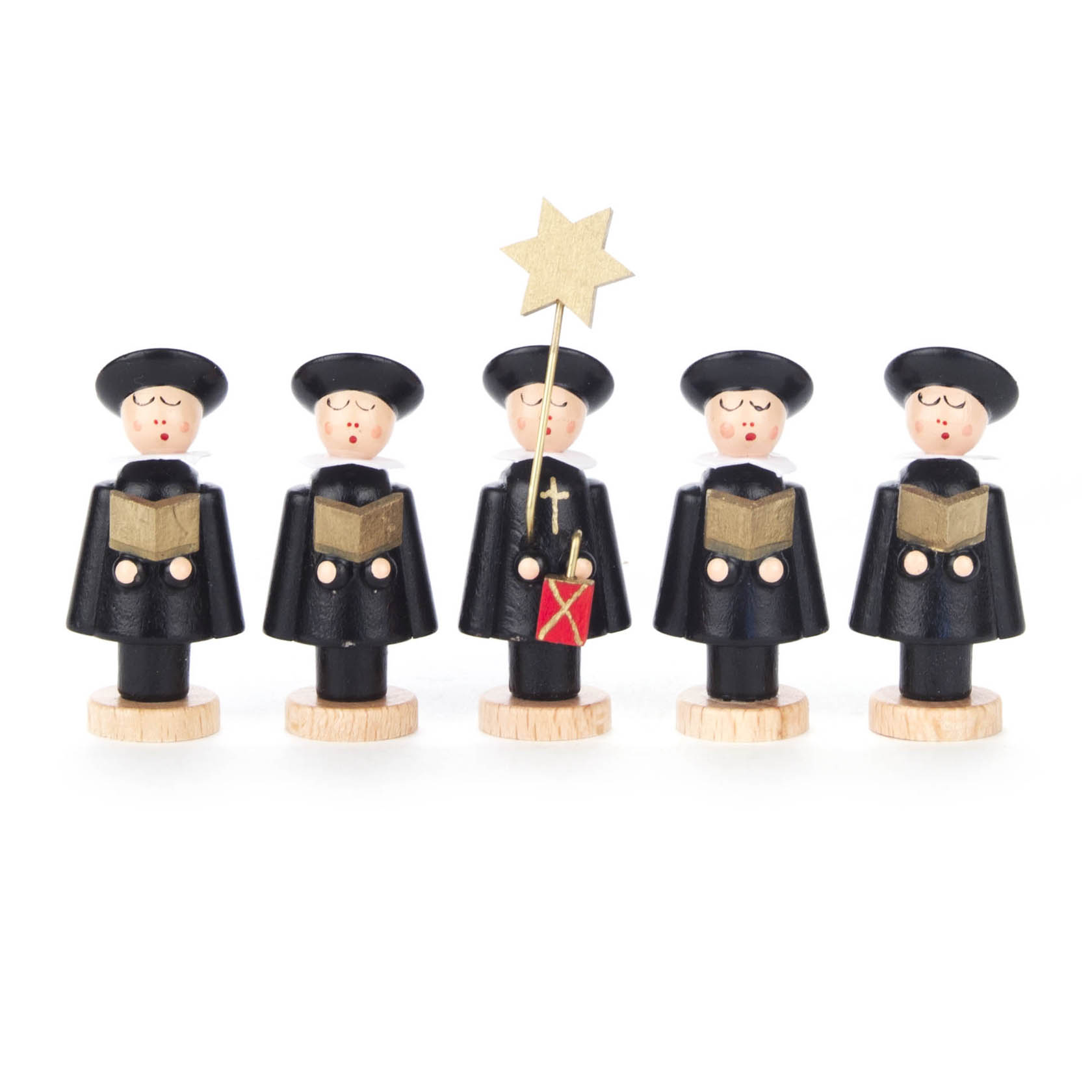 Fünf schwarze Kurrendefiguren aus Holz, vier mit Büchern, eine Figur mit einem Stern. im Dregeno Online Shop günstig kaufen