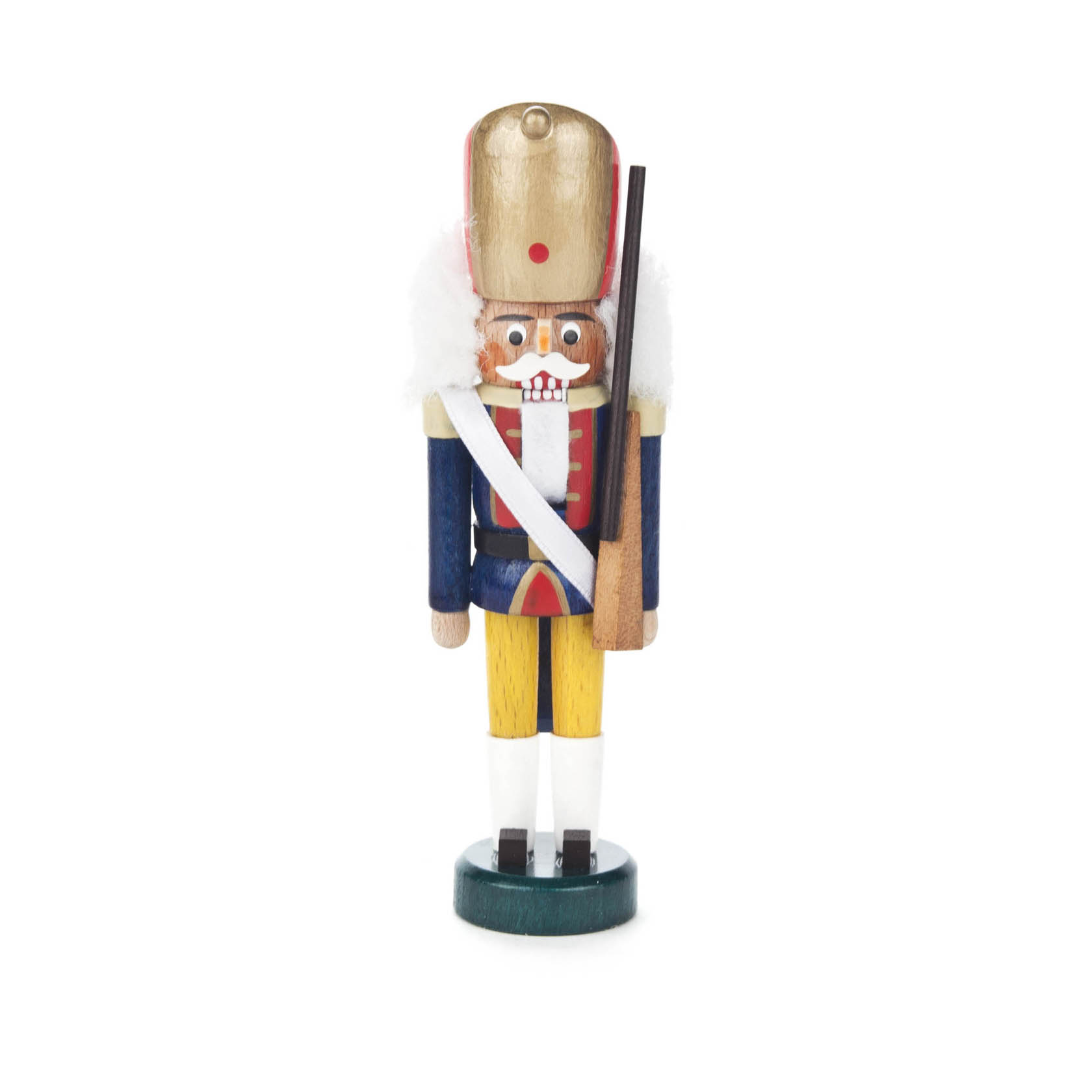 A 14cm tall blue and yellow Nutcracker with a Prussian theme, featuring a blue jacket, yellow trousers, a tall gold hat, and holding a rifle. im Dregeno Online Shop günstig kaufen