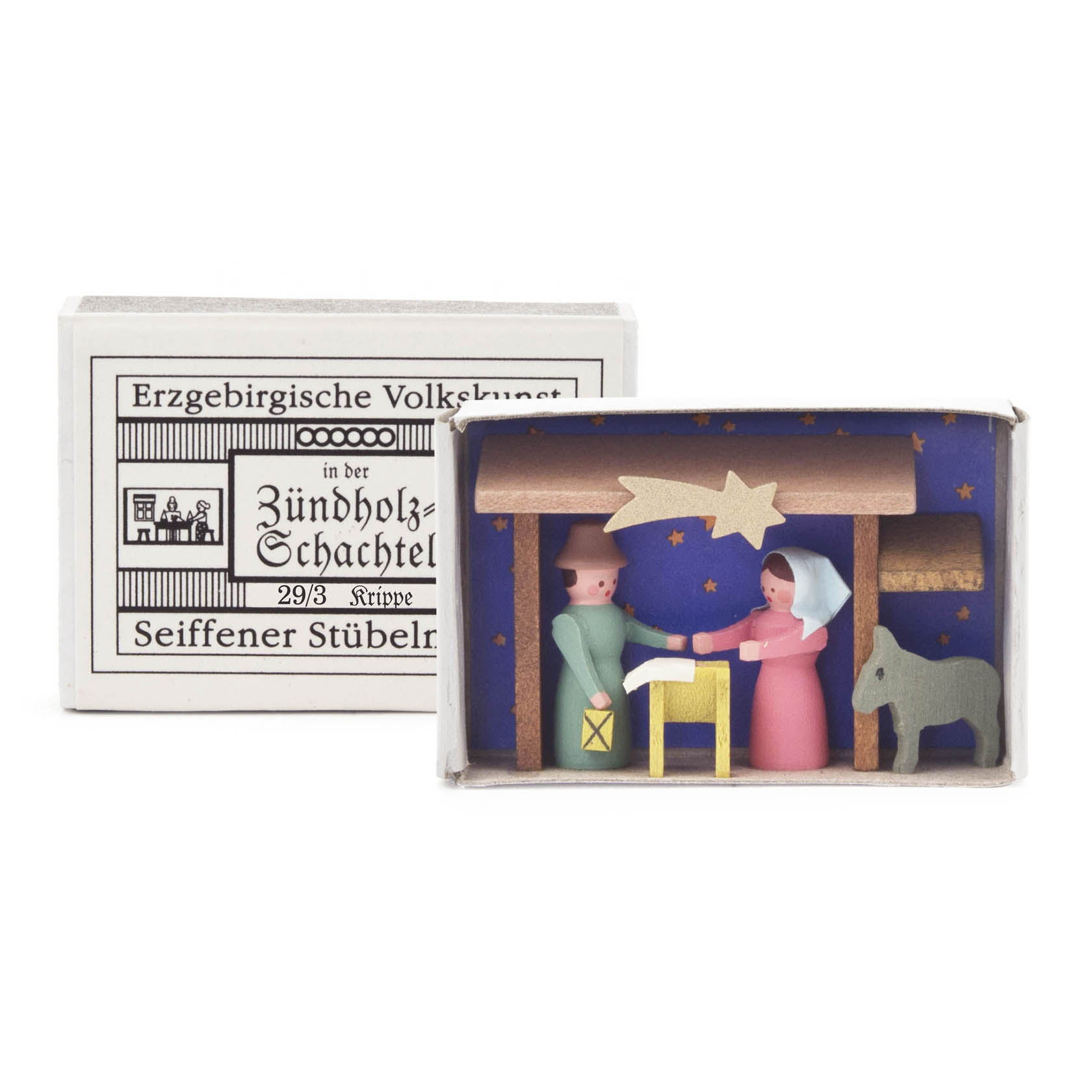 Miniaturkrippe in einer Zündholzschachtel mit Maria, Josef, einem Esel und einem gelben Stern über dem Stall. im Dregeno Online Shop günstig kaufen