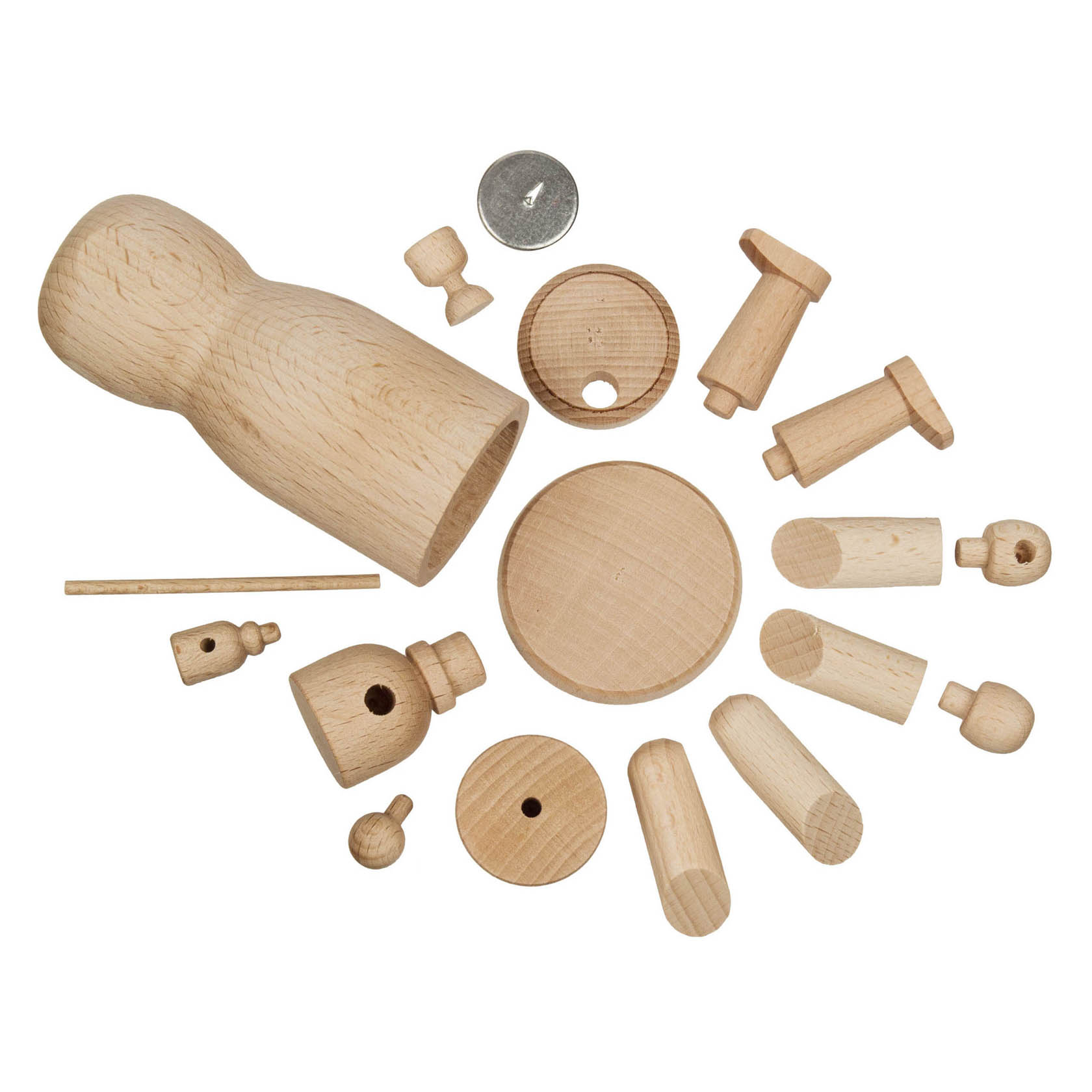 Holzbausatz für ein Räuchermännchen; enthält einen holzfarbenen, zylinderförmigen Körper, Arme, Beine, Kopf und diverse Kleinteile zum Zusammenfügen.