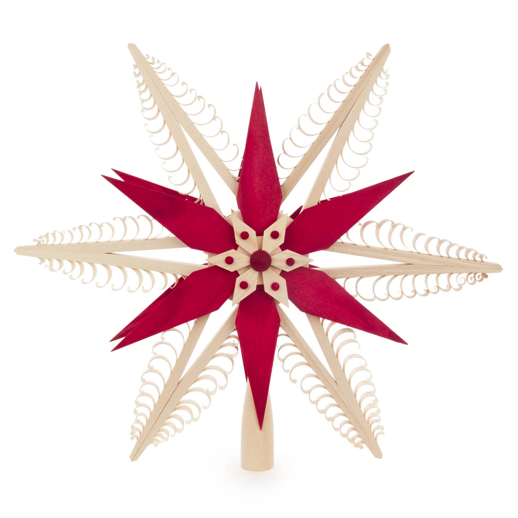 Christbaumspitze in Form eines roten und naturfarbenen Spansterns mit einem Durchmesser von 31 cm. im Dregeno Online Shop günstig kaufen
