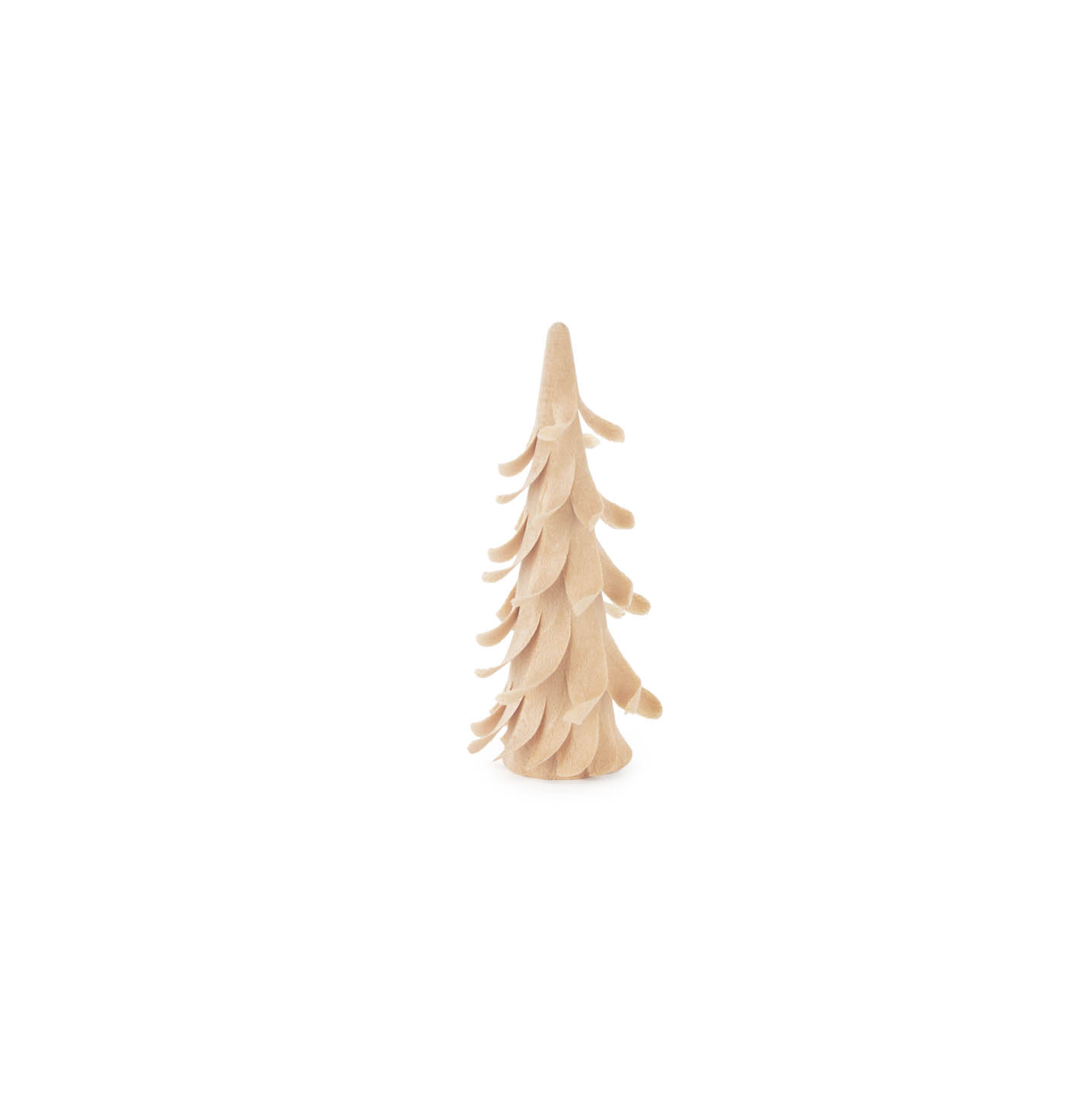 Kleiner, naturfarbener Spiralbaum aus Holz, etwa 7 cm hoch, mit aufwärts weich gedrehten Schichten, die Tannenzweigen ähneln. im Dregeno Online Shop günstig kaufen