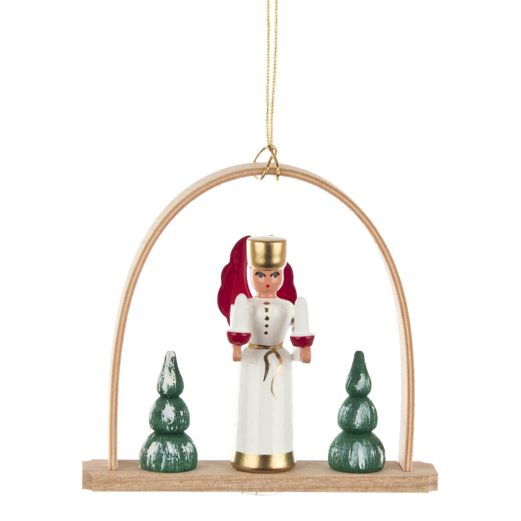 Holzengel in weißem Gewand mit goldener Haube, steht zwischen zwei kleinen grünen Bäumen, unterhalb eines goldenen Bogens. im Dregeno Online Shop günstig kaufen
