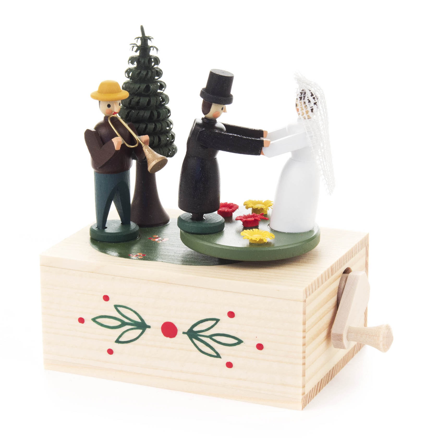 Holzmusikbox mit Hochzeitspaar und Musiker, die einen Baum und Blumendekorationen zeigt. Das Hochzeitspaar tanzt, während der Musiker auf einem Blasinstrument spielt. im Dregeno Online Shop günstig kaufen