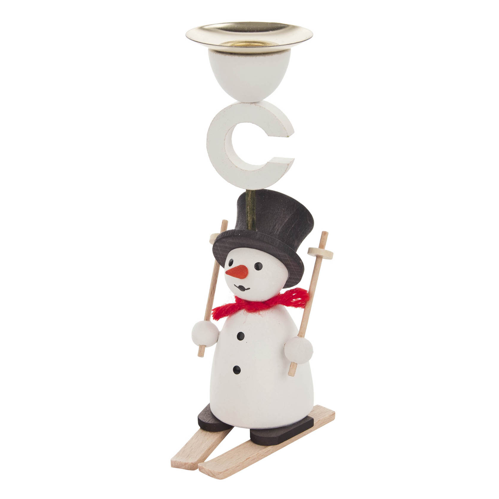 Ein Schneemann aus Holz mit schwarzem Zylinderhut, rotem Schal und auf Skiern, der als Kerzenhalter für eine 14mm-Kerze dient. im Dregeno Online Shop günstig kaufen