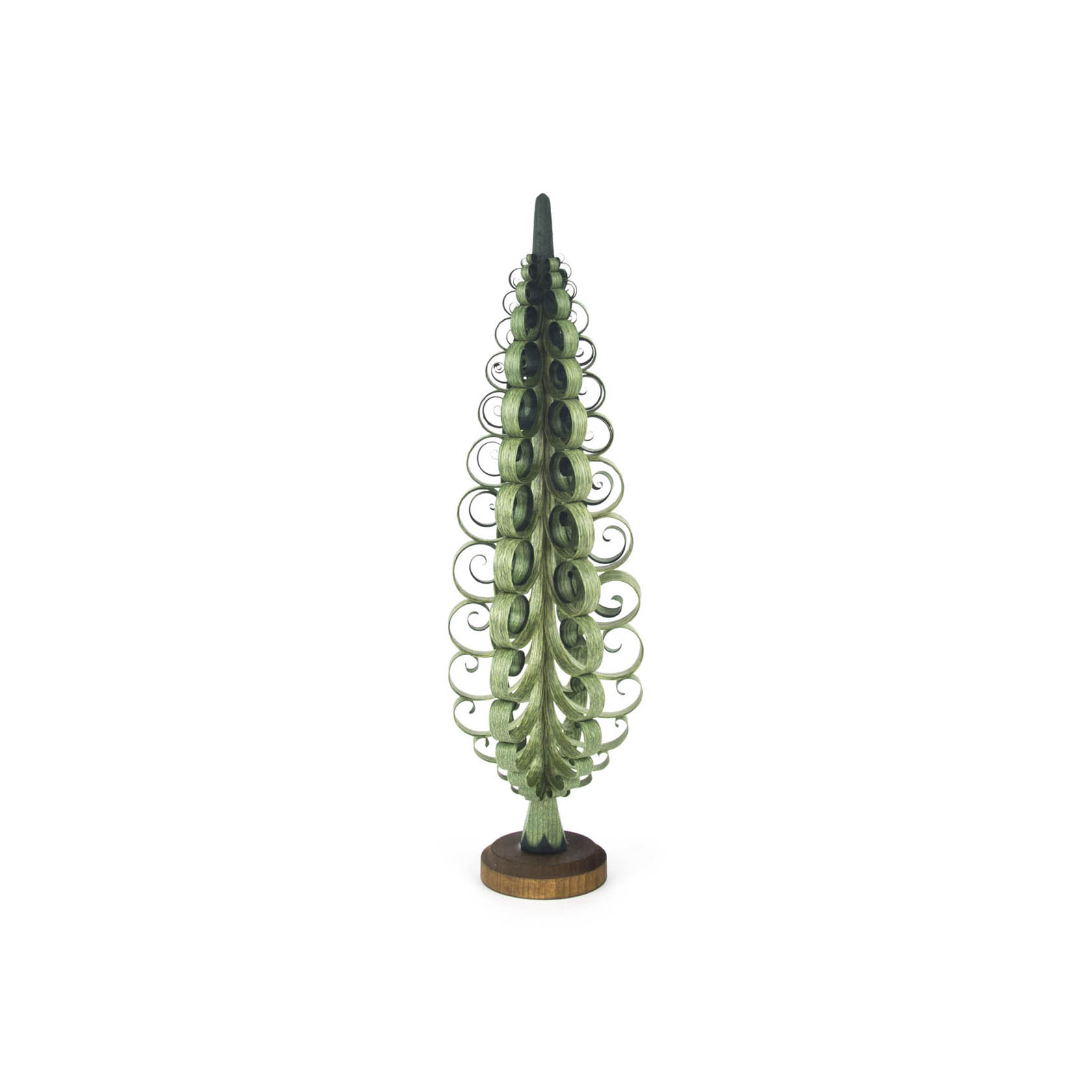Ein 30 cm hoher grüner Spanbaum mit spiralförmig angeordneten Spänen auf einem runden Holzsockel. im Dregeno Online Shop günstig kaufen