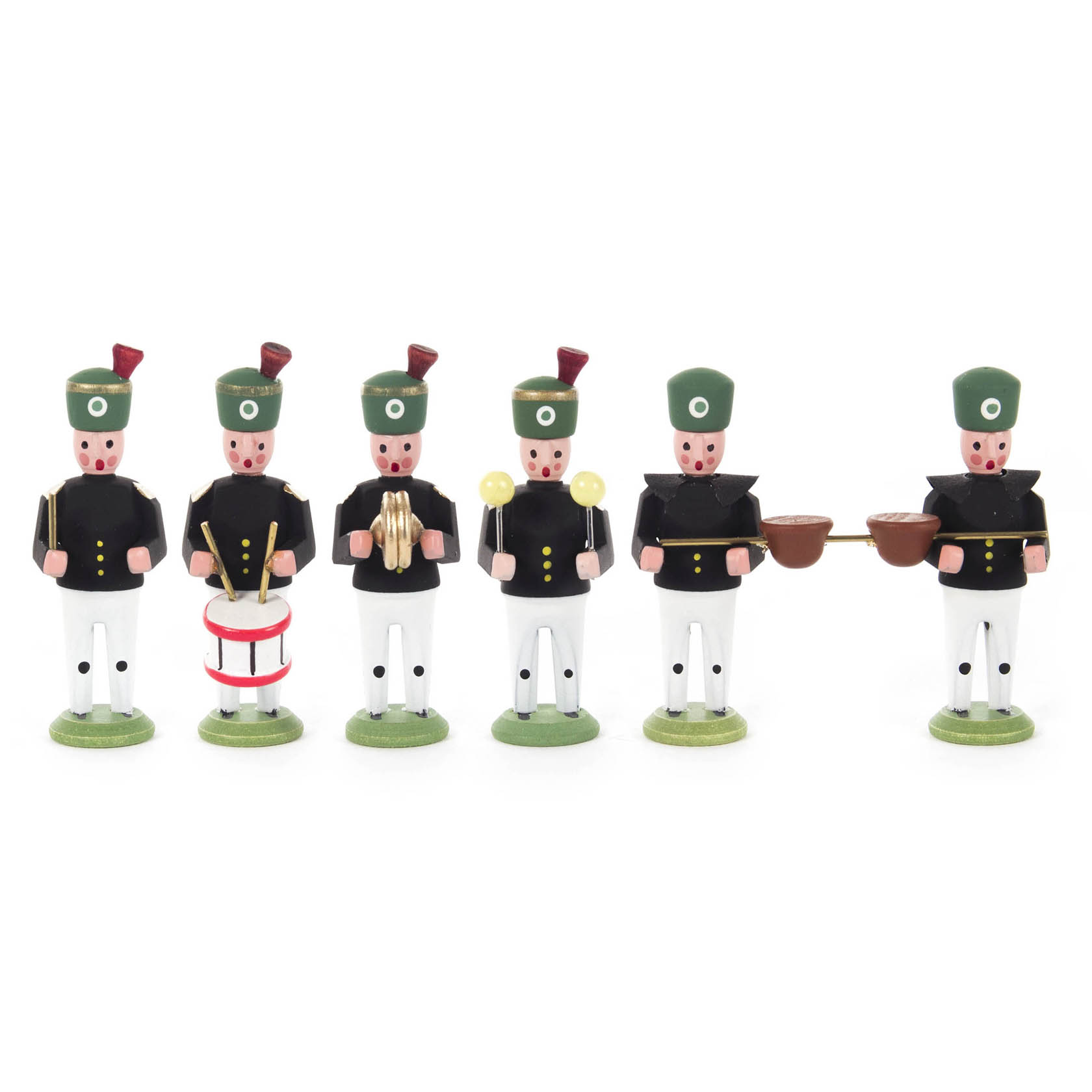 Sechs Miniaturfiguren einer Knappschaftskapelle. Drei spielen Instrumente: Trommel, Becken und Tuba. Alle tragen schwarze Uniformen mit grünen Hüten. im Dregeno Online Shop günstig kaufen
