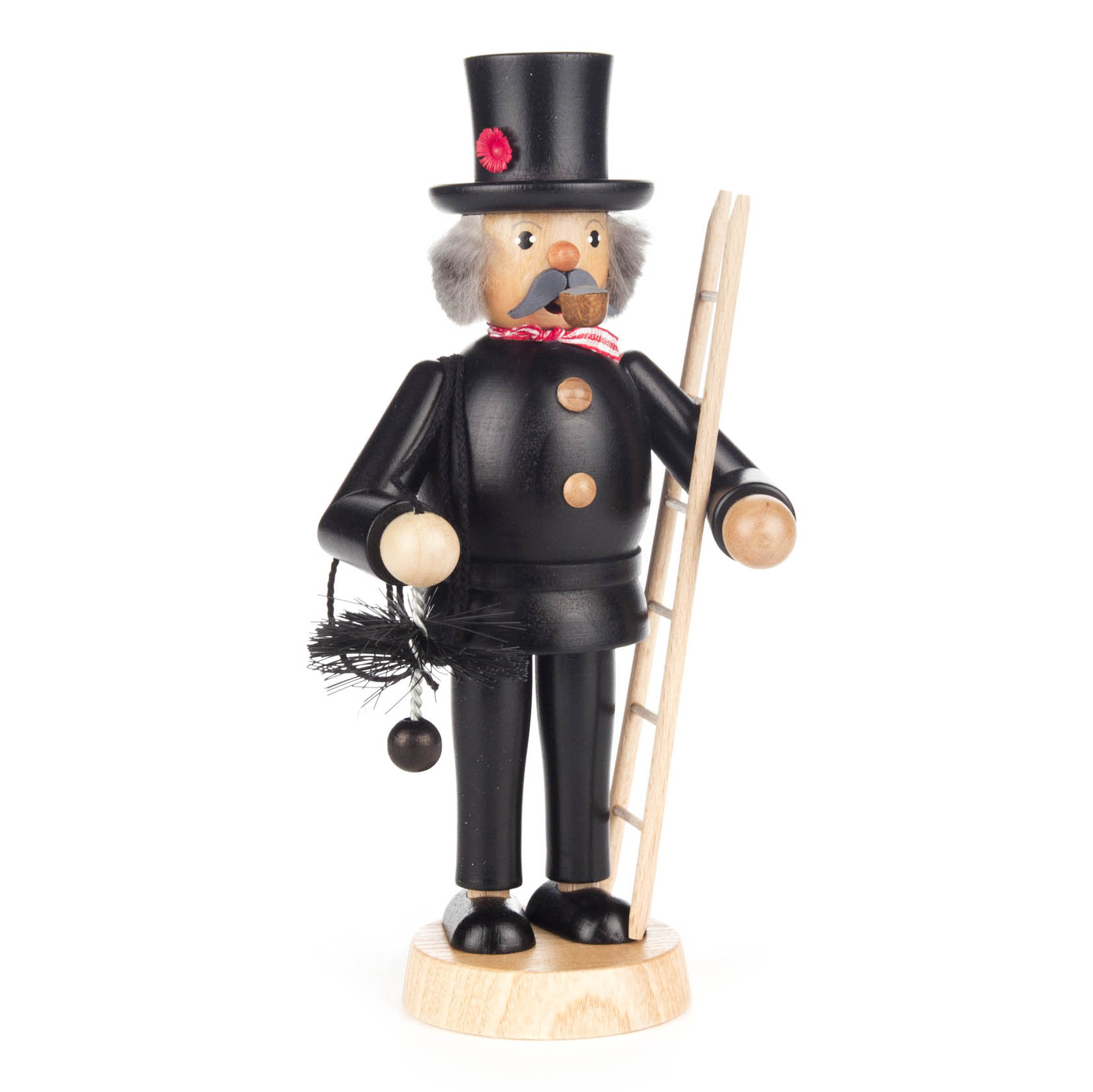 Holzfigur eines Schornsteinfegers in schwarzem Anzug und Zylinder mit Leiter in der Hand, mit typischen Räuchermann-Details wie einem runden Bauch. im Dregeno Online Shop günstig kaufen