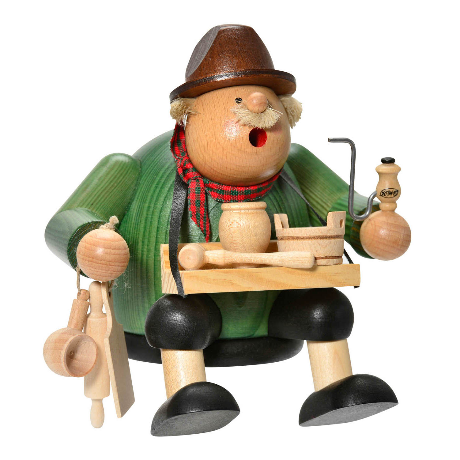 Wooden incense smoker figure, sitting with a tray of miniature wooden crafts like bowls and vases, wearing a brown hat and green jacket. im Dregeno Online Shop günstig kaufen