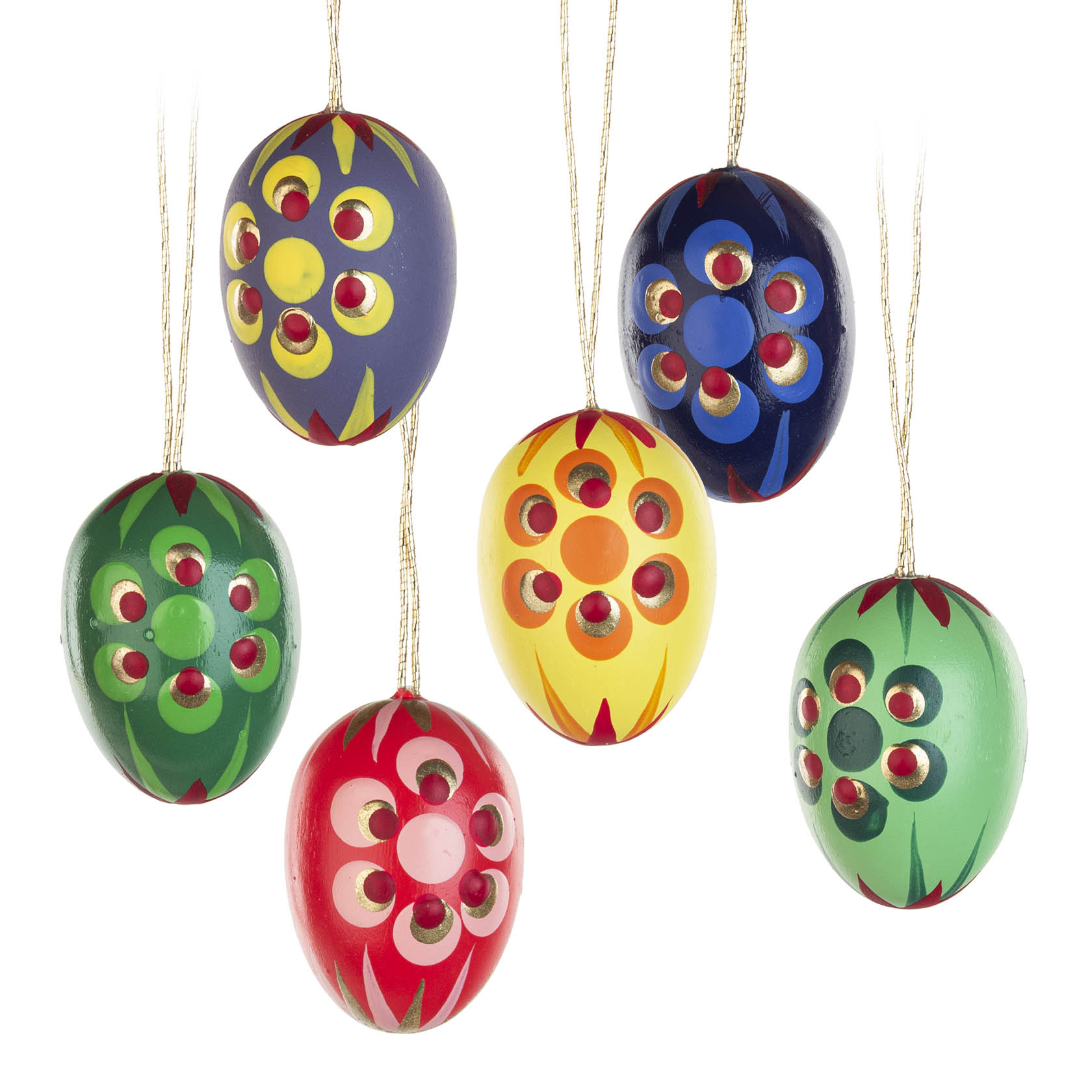 Sechs bemalte Ostereier, die an goldenen Fäden hängen. Jedes Ei hat ein farbenfrohes Design mit abwechselnden Blumenmustern. im Dregeno Online Shop günstig kaufen