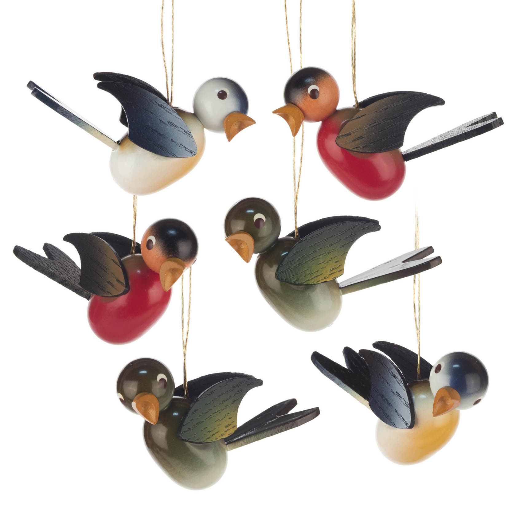 Sechs farbenfrohe, hölzerne Vogeldekorationen, die an Fäden aufgehängt sind. Vögel in Rot, Grün, Weiß und Gelb mit schwarzen Flügeln. im Dregeno Online Shop günstig kaufen
