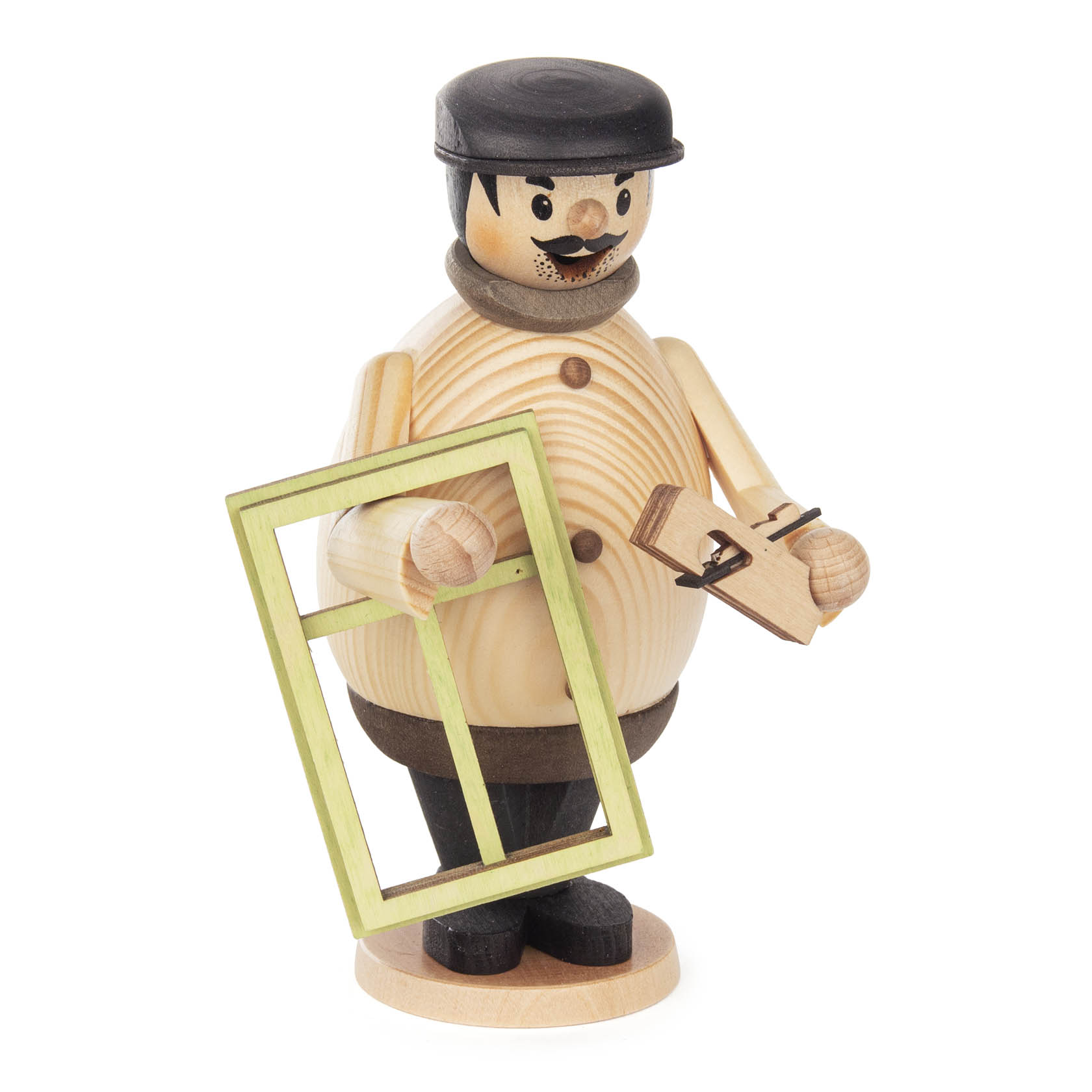 A handcrafted wooden incense smoker figurine of a carpenter holding a wooden window frame in one hand and a planer in the other. im Dregeno Online Shop günstig kaufen