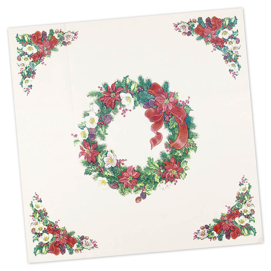 Quadratische Mitteldecke mit einem großen Weihnachtskranz aus grünen Zweigen, roten und weißen Blumen und einer roten Schleife in der Mitte. im Dregeno Online Shop günstig kaufen
