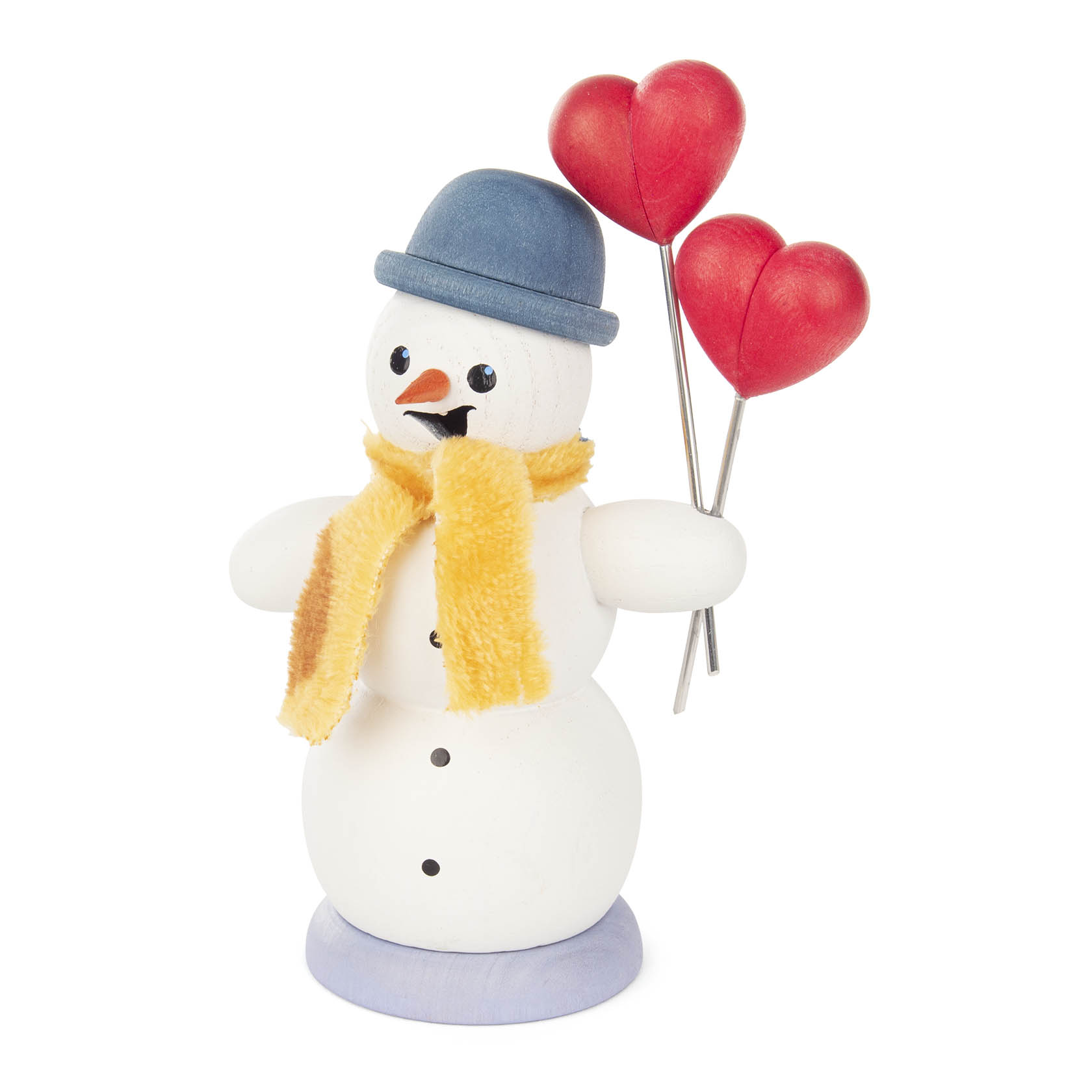 Ein Räuchermann in Form eines Schneemanns trägt einen blauen Hut und einen gelben Schal. Er hält zwei rote Herzballons in der Hand. im Dregeno Online Shop günstig kaufen