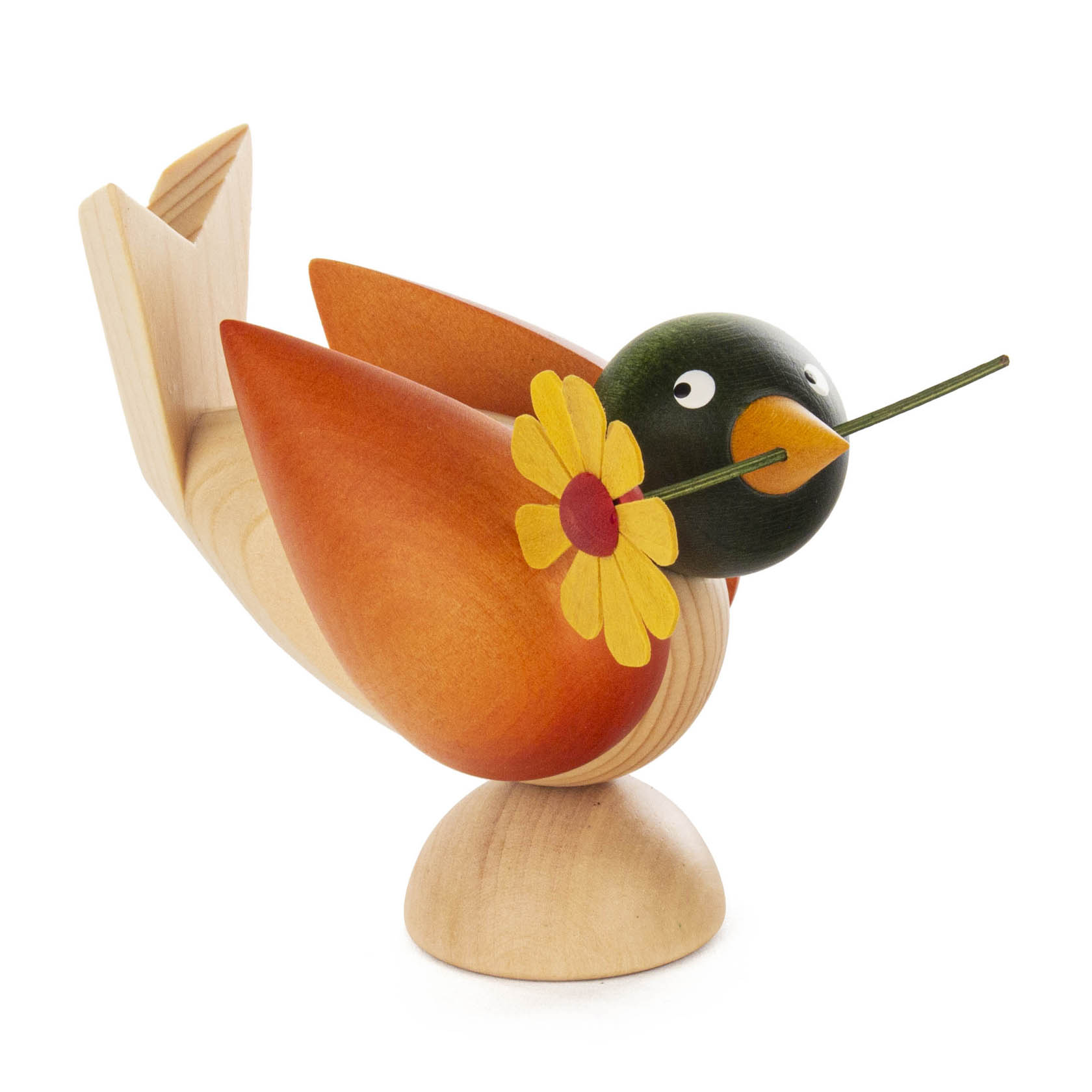 Holzvogel mit orangefarbenem Körper und schwarzem Kopf hält gelbe Blume mit grünen Stiel im Schnabel. im Dregeno Online Shop günstig kaufen