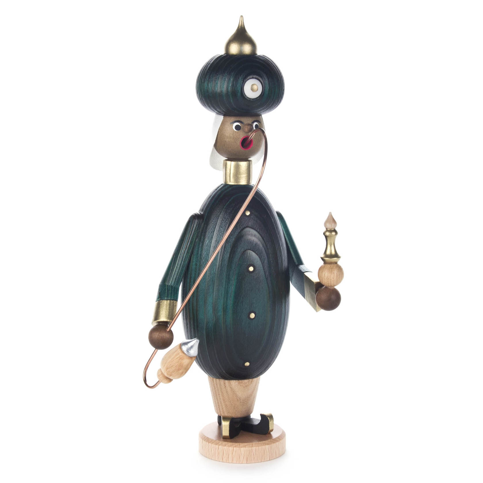 A green incense smoker figure with a turban and holding an incense holder, wooden design, representing a traditional German Räuchermann.