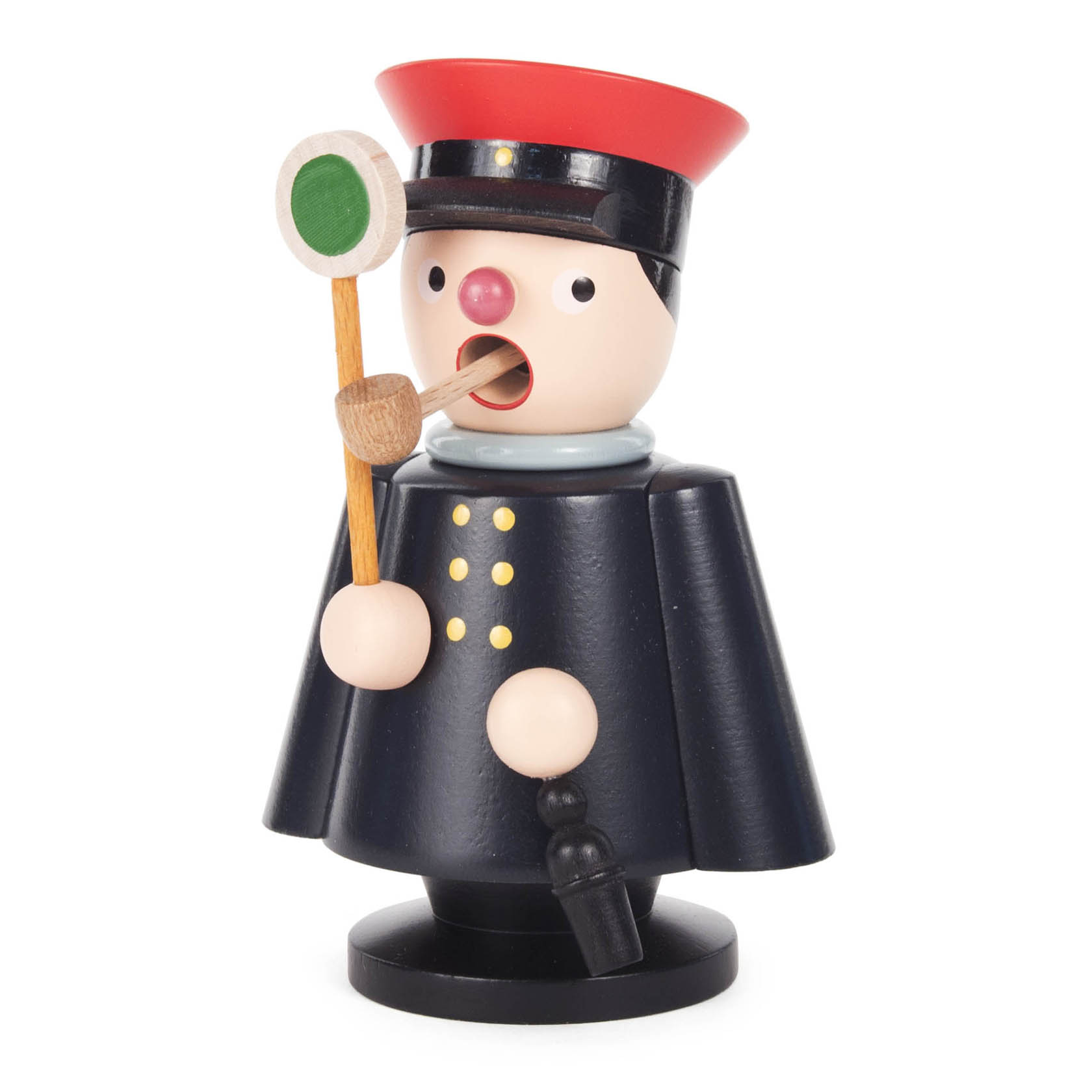A wooden smoking figure dressed as a railway conductor, wearing a black uniform with a red cap, holding a signal disc and a pipe. im Dregeno Online Shop günstig kaufen