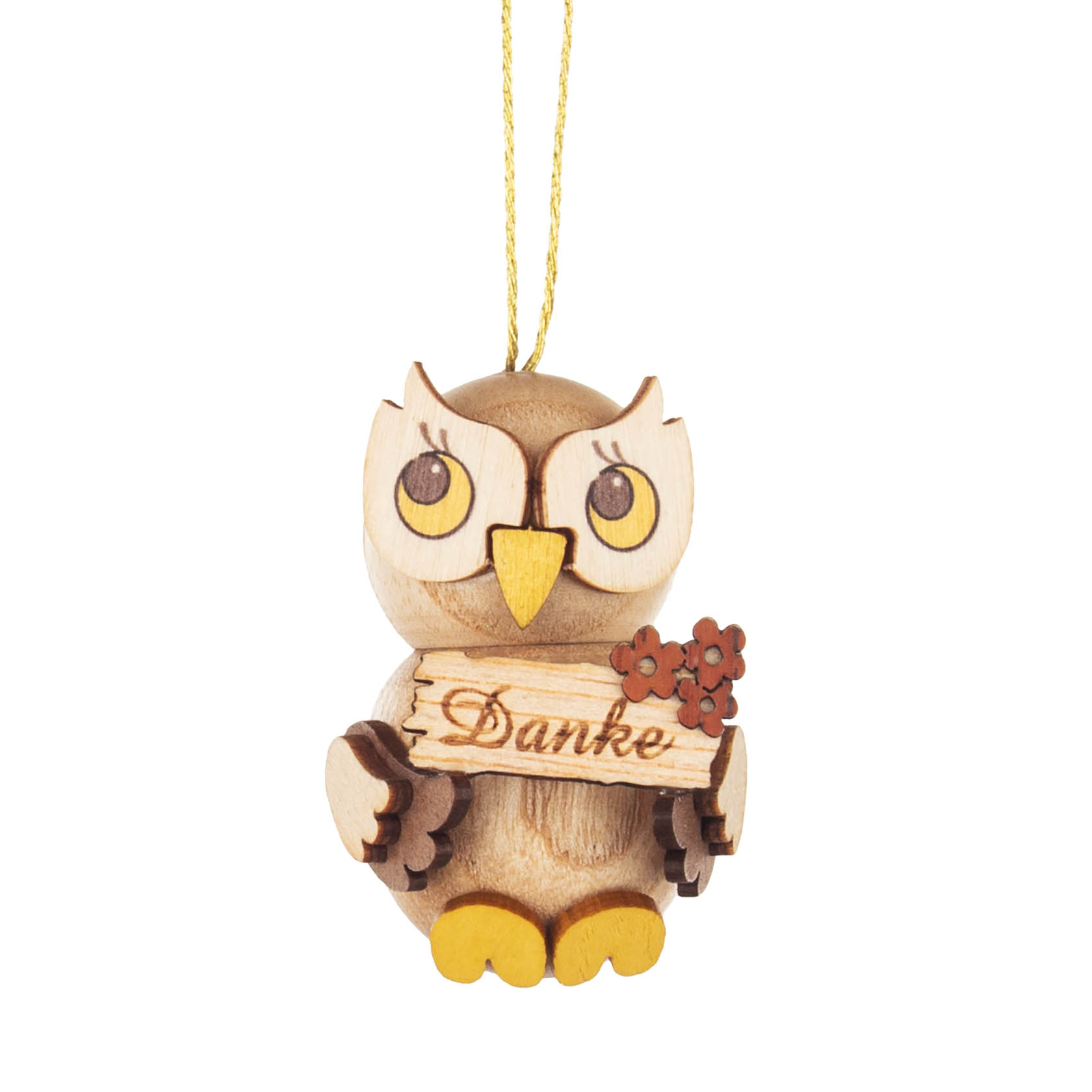 Holzeule mit Brille und gelbem Schnabel hält ein Schild mit der Aufschrift 'Danke' und eine rote Blume. Sie ist als Hänger gestaltet. im Dregeno Online Shop günstig kaufen