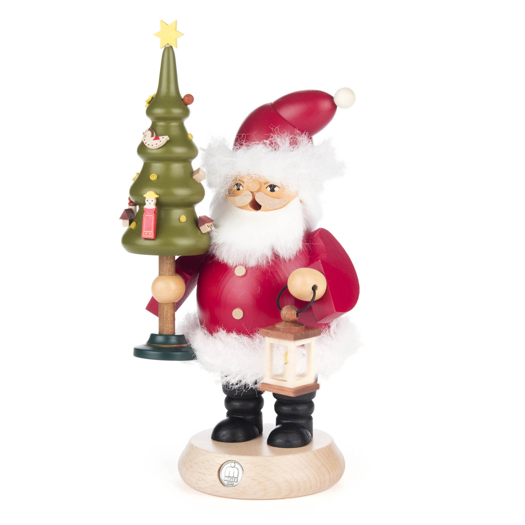 Holzfigur eines Weihnachtsmannes als Räuchermann, haltend einen geschmückten Weihnachtsbaum in der Rechten und eine Laterne in der Linken. im Dregeno Online Shop günstig kaufen