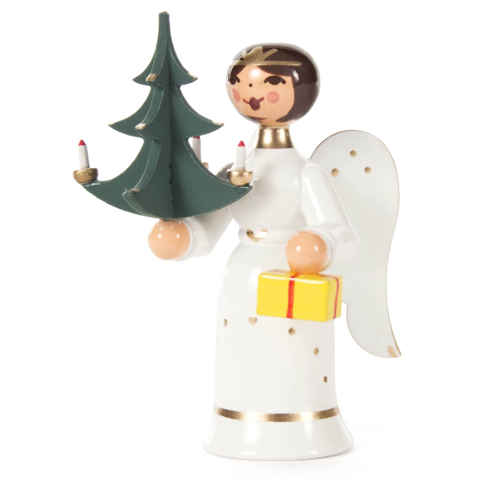 Ein Miniaturengel aus Holz mit Flügeln hält einen Weihnachtsbaum mit Kerzen in der rechten Hand und ein gelbes Geschenk mit rotem Band in der linken Hand. im Dregeno Online Shop günstig kaufen