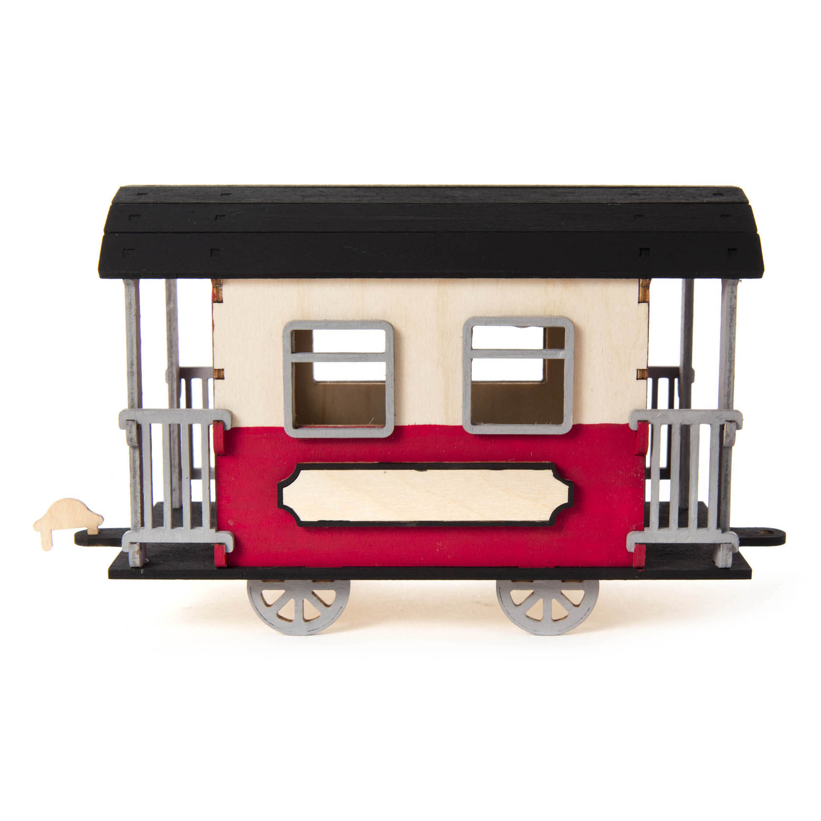 Wooden DIY model set of a small, vintage-style train wagon with a red painting and two open windows.