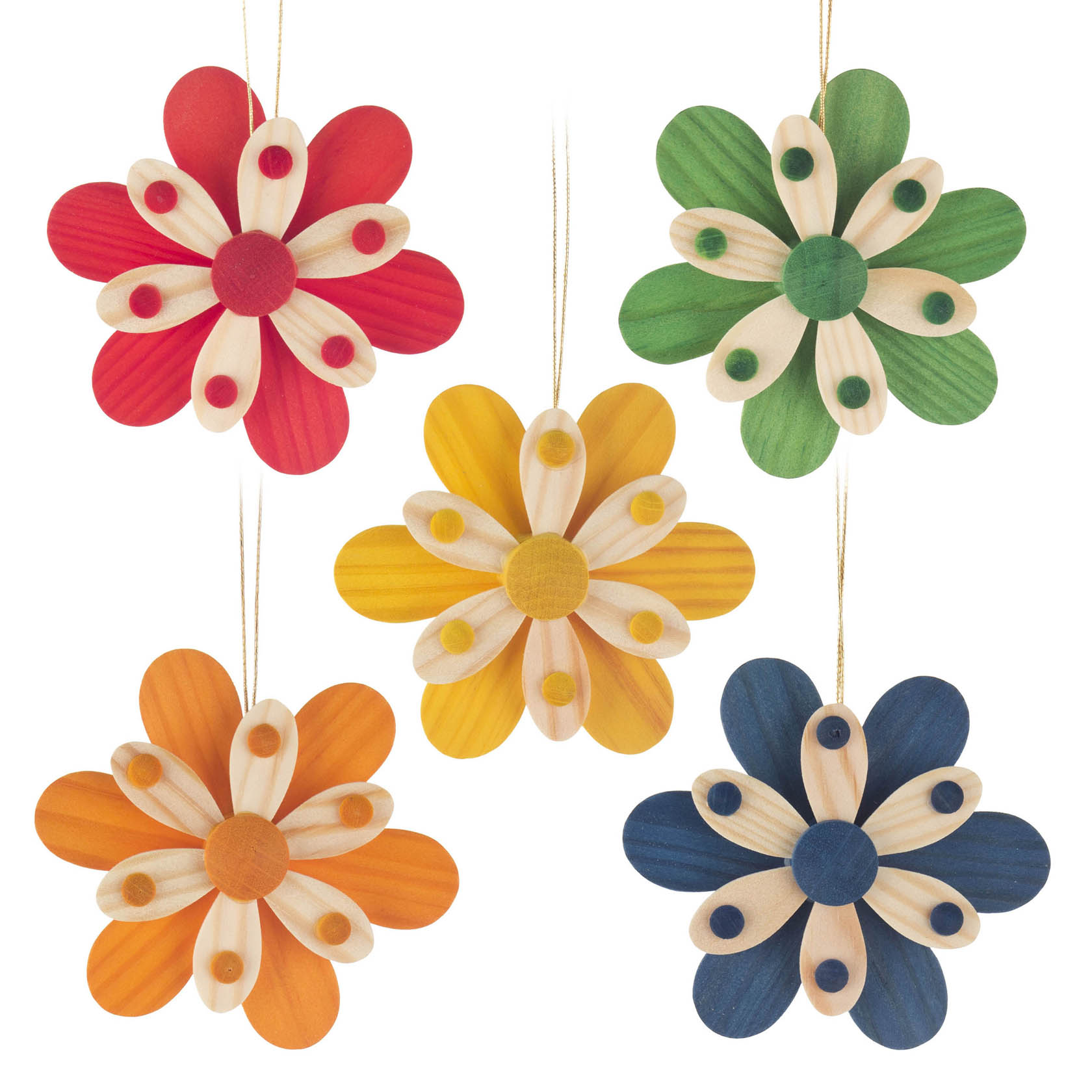 Fünf hölzerne Blumenanhänger in verschiedenen Farben: Rot, Grün, Gelb, Orange und Blau, jeweils mit Holzperlen in der Mitte und an den Blütenblättern. im Dregeno Online Shop günstig kaufen