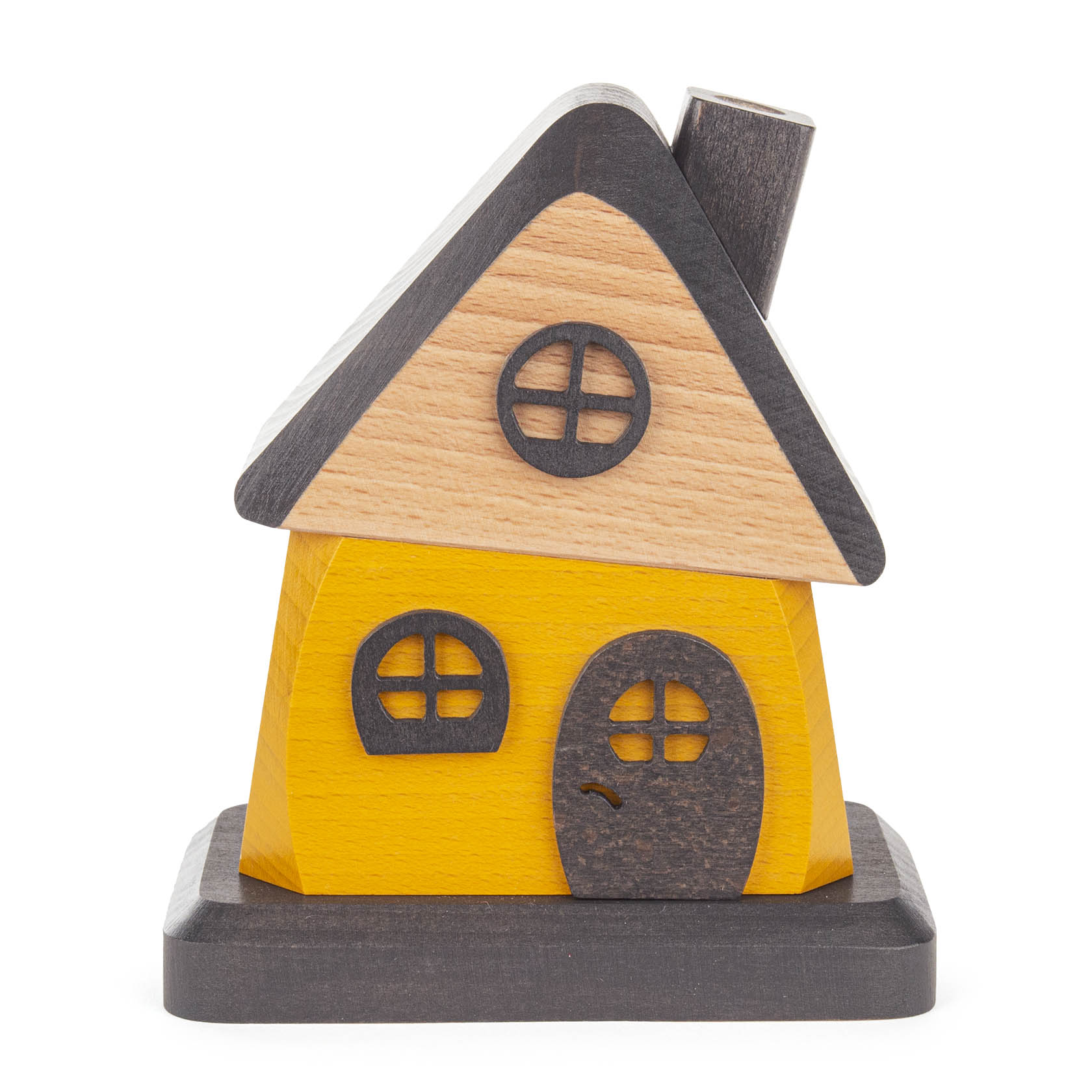 Ein großes, gelb-graues Räucherhaus mit schrägem Schornstein, runden und rechteckigen Fenstern sowie einer Tür darunter. im Dregeno Online Shop günstig kaufen