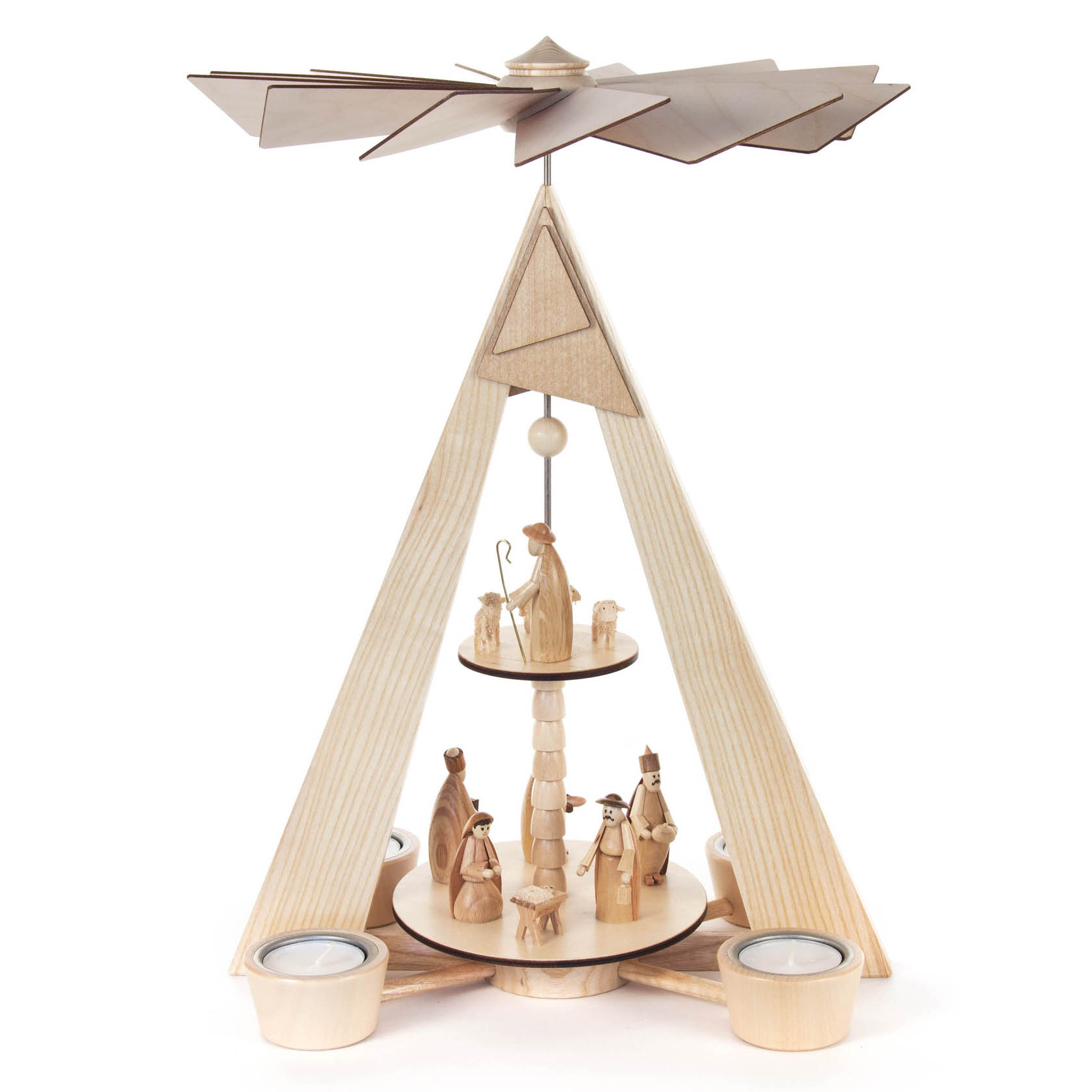 Zweistufige hölzerne Weihnachtspyramide mit Figuren der Geburt Christi, angetrieben von Teelichtern am Boden. im Dregeno Online Shop günstig kaufen