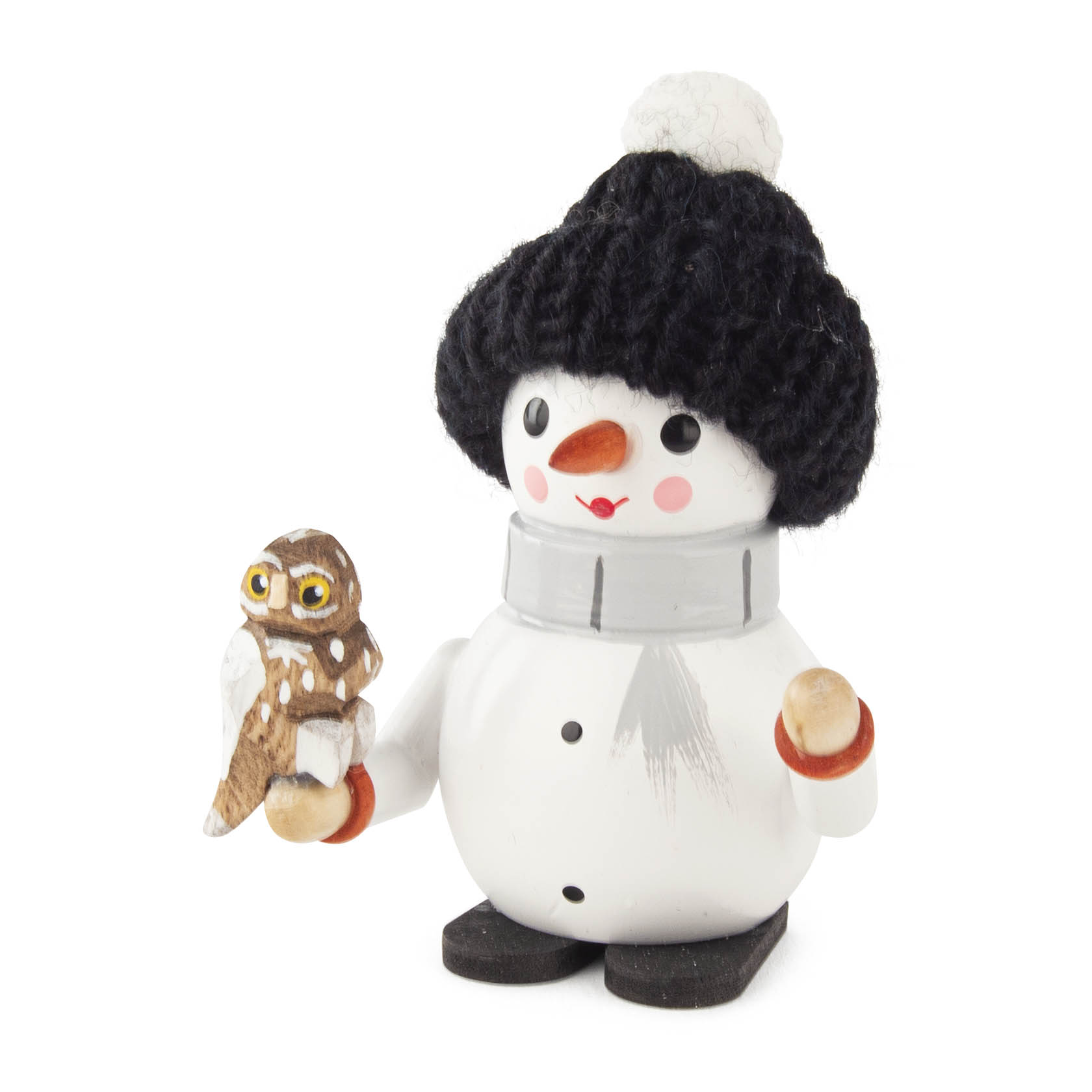 Holzfigur eines Schneemanns mit schwarzem Strickmütze und grauem Schal, der eine kleine Holz-Eule auf der linken Hand balanciert. im Dregeno Online Shop günstig kaufen