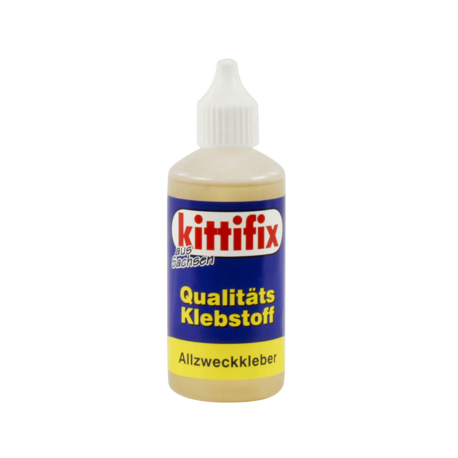 Kittifix Alleskleber 75g in einer gelben Flasche mit roter Kappe und blauer Etikette, auf der 'Qualitäts Klebstoff' und 'Allzweckkleber' steht. im Dregeno Online Shop günstig kaufen