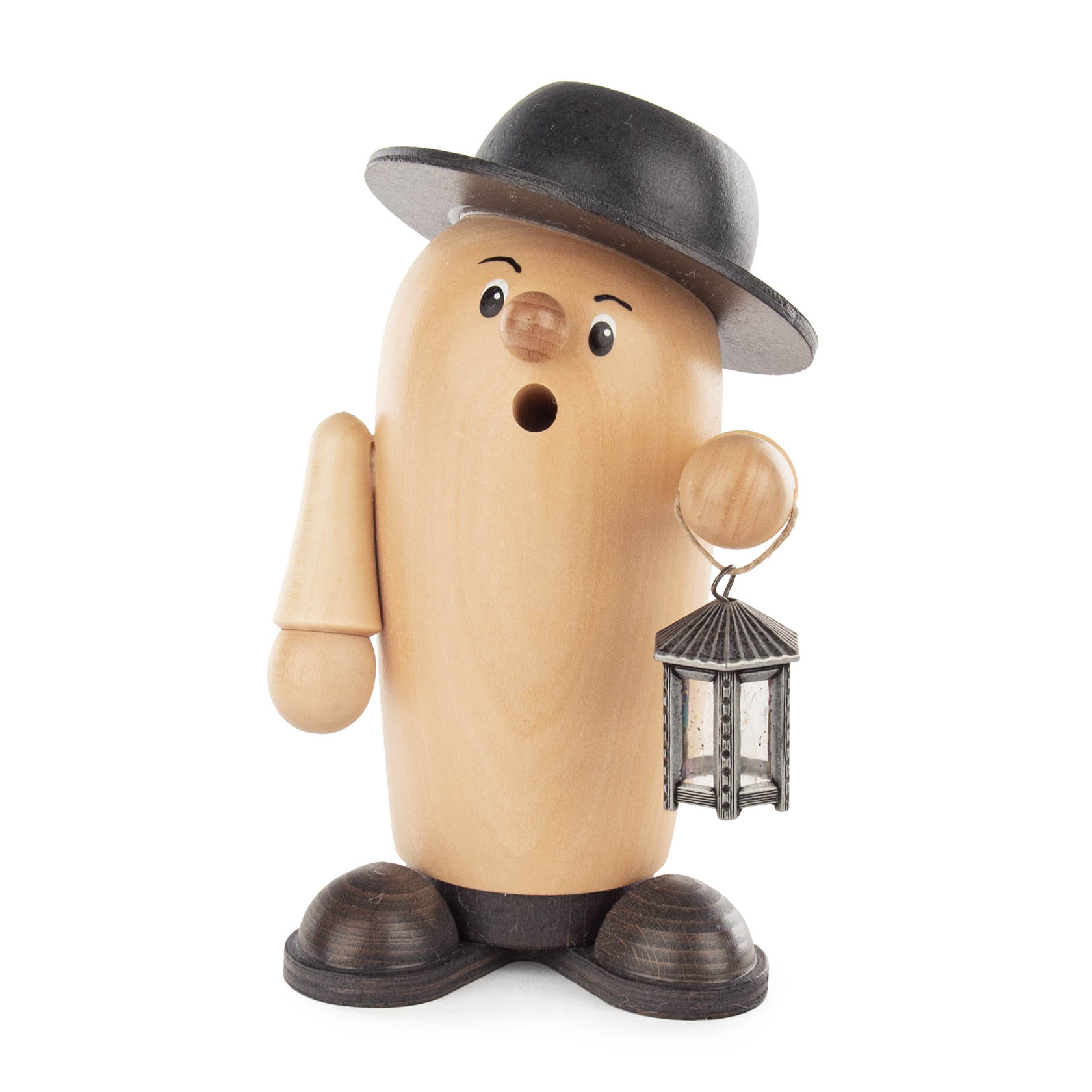 Holz-Räucherfigur 'Rudi der Nachtschwärmer' in Natur- und Grautönen, trägt einen Hut und hält eine Laterne in einer Hand. im Dregeno Online Shop günstig kaufen