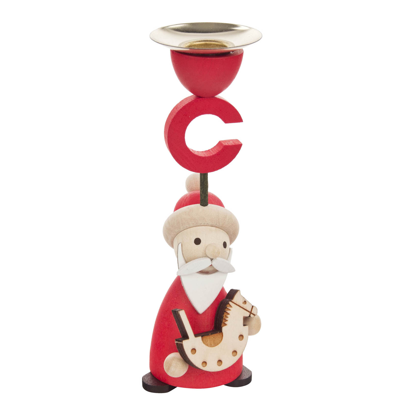 A wooden candle holder featuring a Santa Claus figurine holding a rocking horse, topped by a red and gold candle cup. im Dregeno Online Shop günstig kaufen