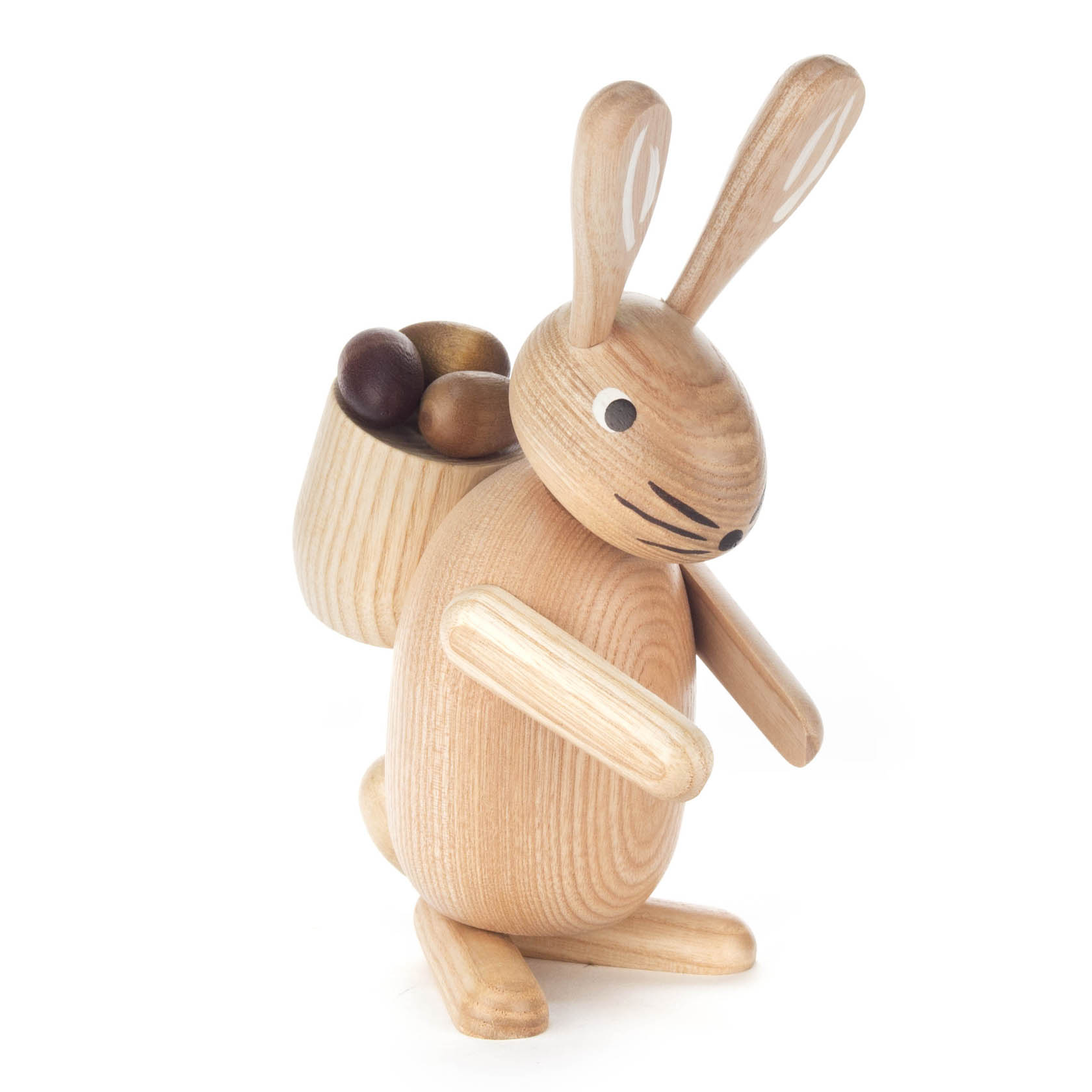 Holzhase mit langen Ohren trägt einen Korb voller Holzeier auf dem Rücken. im Dregeno Online Shop günstig kaufen